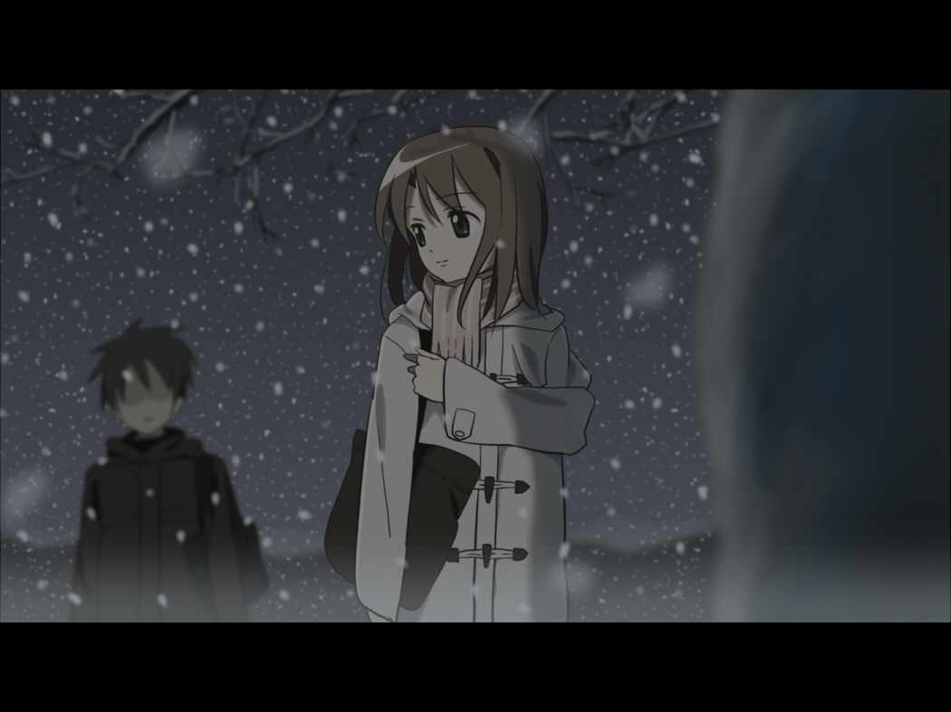 nagareboshi, shinohara akari, toono takaki, byousoku 5 centimeter, 1boy, 1girl, bag, brown hair, coat, letterboxed, scarf, snow, snowing, toggles