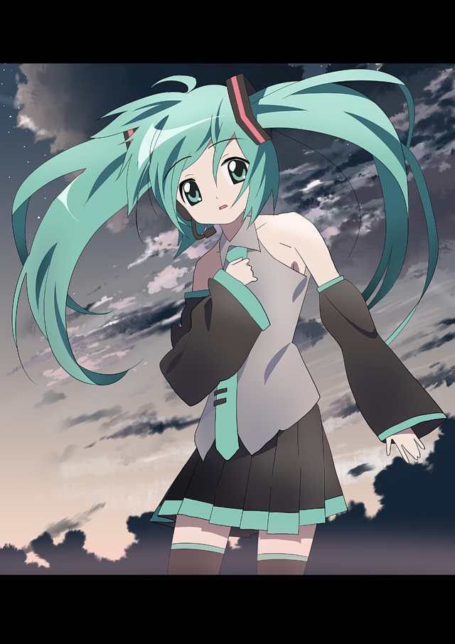 nagareboshi, hatsune miku, vocaloid, 1girl, aqua hair, cloud, female focus, letterboxed, skirt, sky, solo, thighhighs, twintails, zettai ryouiki