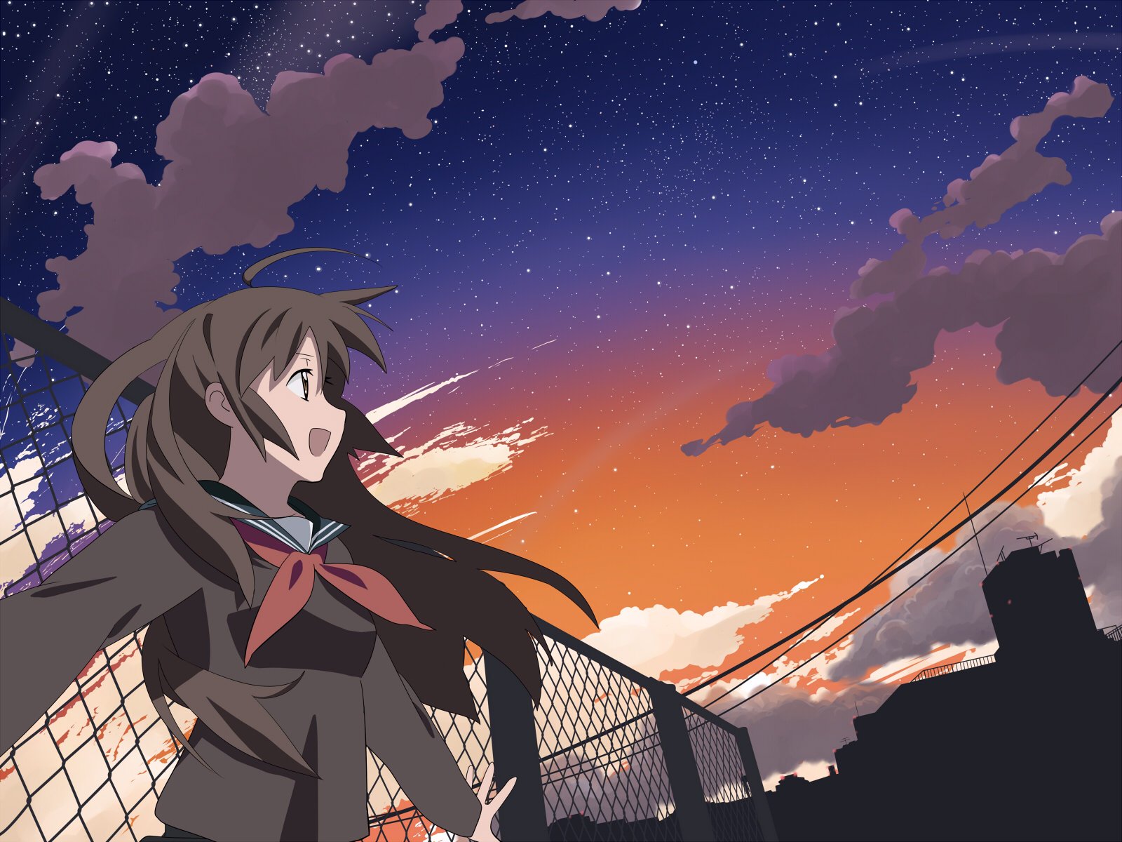 nagareboshi, original, highres, 1girl, chain-link fence, cloud, female focus, fence, night, night sky, sky, solo, star (sky), star (symbol), starry sky