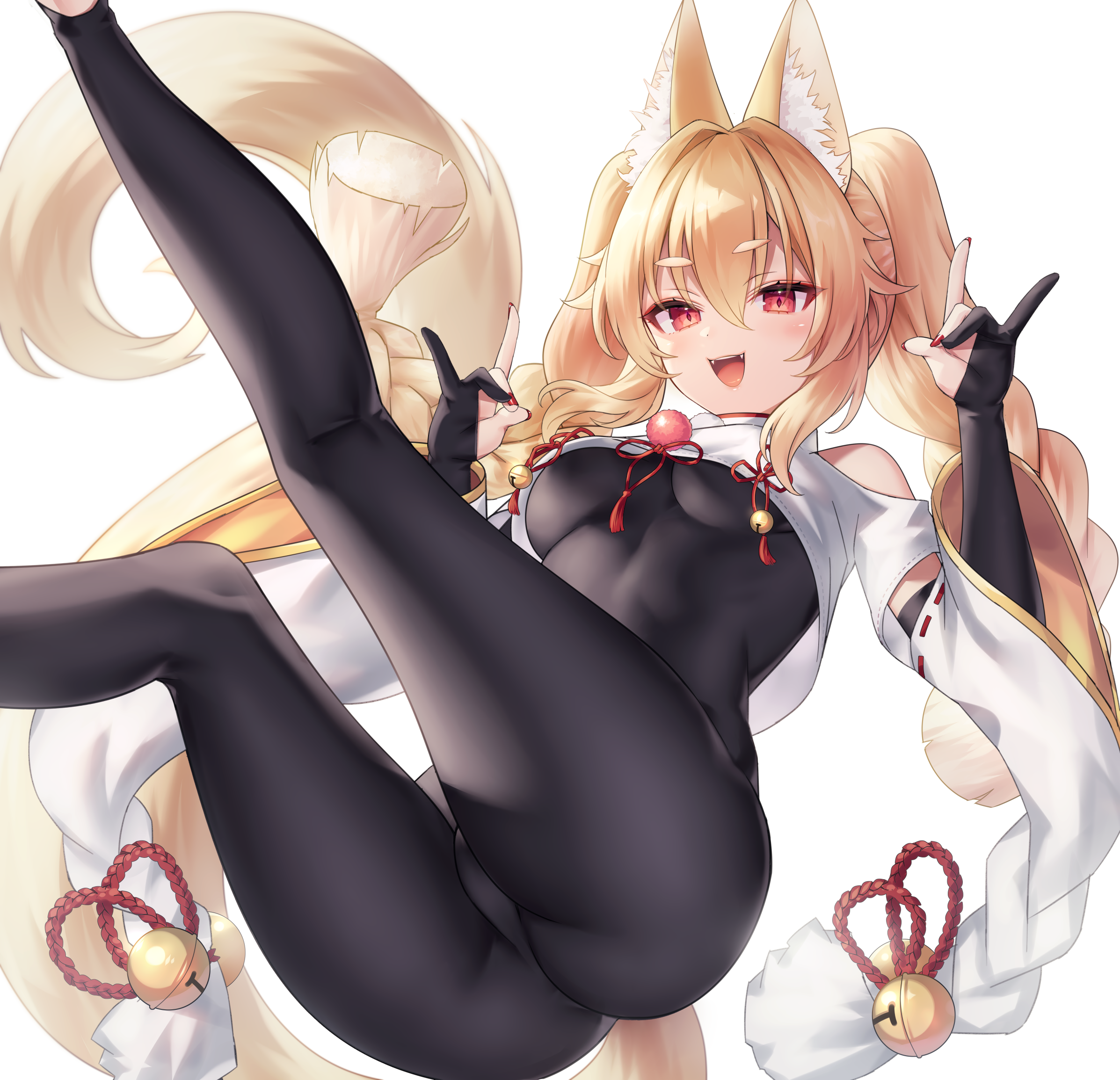 neit ni sei, hokori kei, indie virtual youtuber, highres, 1girl, animal ear fluff, animal ears, ass, bare shoulders, black bodysuit, blonde hair, blush, bodystocking, bodysuit, braid, breasts, clothing cutout, double fox shadow puppet, fangs, floating, fox ears, fox girl, fox shadow puppet, fox tail, gloves, hair between eyes, hair intakes, long hair, looking at viewer, medium breasts, nail polish, open mouth, partially fingerless gloves, red eyes, red nails, red ribbon, ribbon, ribbon-trimmed clothes, ribbon-trimmed shirt, ribbon trim, shirt, short eyebrows, shoulder cutout, sidelocks, simple background, smile, solo, stirrup legwear, tail, tassel, teeth, thick eyebrows, toeless bodysuit, toeless legwear, toes, twin braids, twintails, upper teeth only, very long hair, virtual youtuber, white background, white shirt