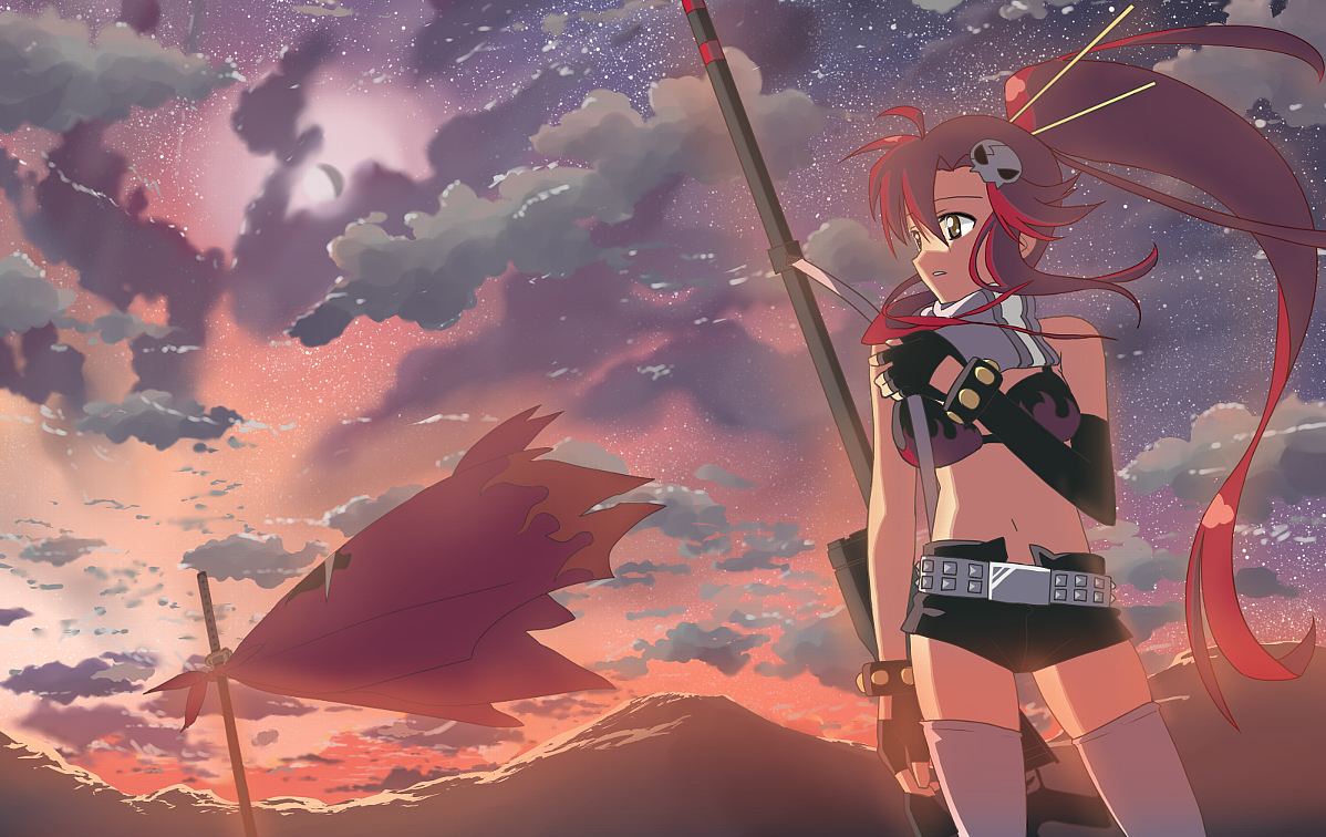 nagareboshi, yoko littner, tengen toppa gurren lagann, 00s, anti-materiel rifle, bikini, bikini top only, cloud, gloves, gun, long hair, mountain, ponytail, red hair, rifle, scarf, short shorts, shorts, sky, sniper rifle, star (sky), star (symbol), starry sky, swimsuit, thighhighs, weapon, yellow eyes