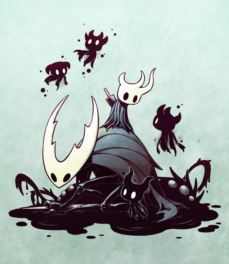fuifui, broken vessel (hollow knight), hollow knight (character), shade (hollow knight), hollow knight, darkness, floating, green background, grey cloak, hollow eyes, horned mask, mask, nail (hollow knight), standing on person, white mask