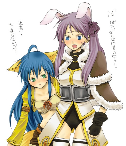kochoko, high wizard (ragnarok online), hiiragi kagami, izumi konata, thief (ragnarok online), lucky star, ragnarok online, bad id, bad pixiv id, translation request, 2girls, animal ears, cosplay, mole, mole under eye, multiple girls, rabbit ears, thighhighs, yuri