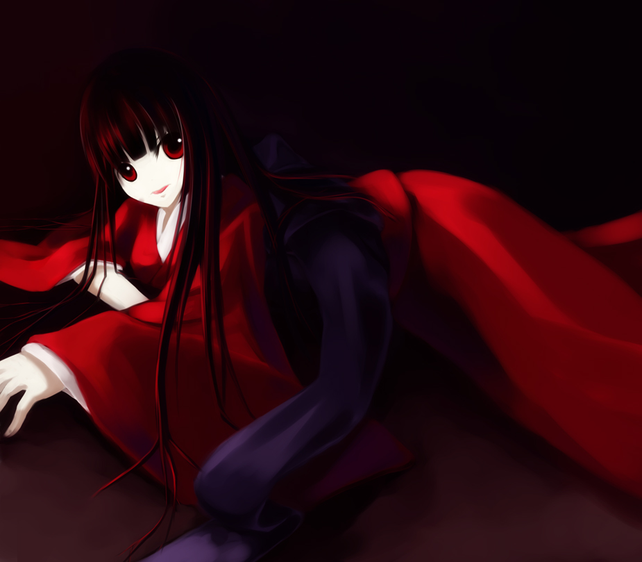 kaz (pixiv61454), yuuzuki (natsulain), enma ai, jigoku shoujo, 00s, 1girl, black hair, blunt bangs, female focus, hime cut, japanese clothes, kimono, long hair, red eyes, solo