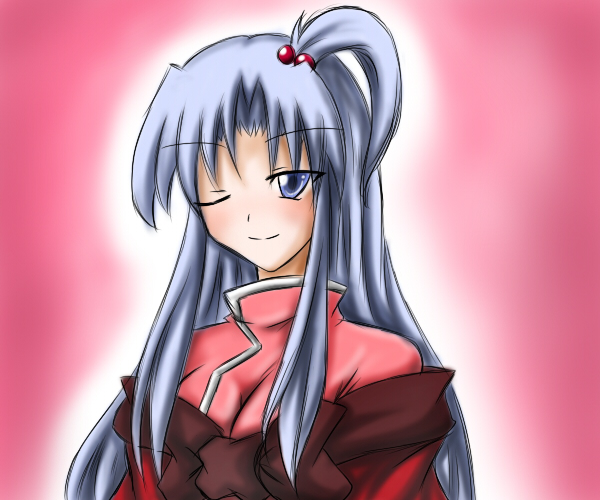 aotori, shinki (touhou), mystic square, touhou, touhou (pc-98), light purple hair, 1girl, ;), blush, breasts, cleavage, coat, female focus, hair bobbles, hair ornament, long hair, looking at viewer, medium breasts, one eye closed, purple eyes, skin tight, smile, solo, upper body, very long hair