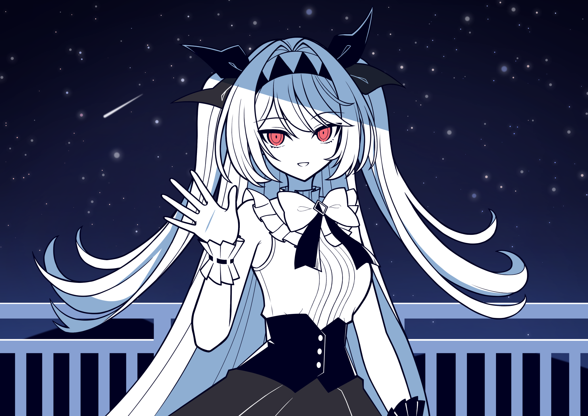 the noexistencen of you and me, commentary, highres, 1girl, bare shoulders, black bow, bow, bowtie, dogari, hair bow, lilith (the noexistencen of you and me), long hair, looking at viewer, night, open mouth, red eyes, sleeveless, solo, star (sky), two side up, very long hair, white bow, white bowtie, white hair, wrist cuffs