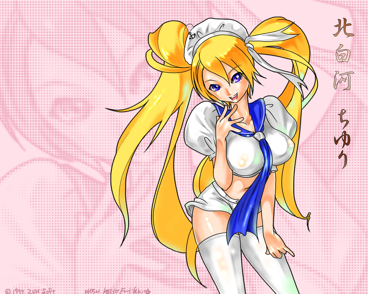 fujisaki keiko (konaken), kitashirakawa chiyuri, mushihime-sama, phantasmagoria of dim.dream, touhou, touhou (pc-98), 1girl, blonde hair, blue eyes, blue sailor collar, breasts, character name, female focus, halftone, halftone background, large breasts, midriff, parody, pink background, sailor collar, solo, style parody, twintails, zoom layer
