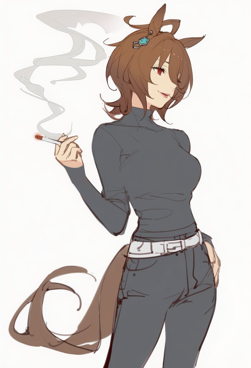 kisaragi shokuin, agnes tachyon (umamusume), umamusume, highres, 1girl, aged up, ahoge, alternate costume, animal ears, arm up, belt, black pants, black shirt, breasts, brown hair, cigarette, cowboy shot, ear ornament, empty eyes, facing to the side, grey background, hair over one eye, hand on own hip, holding, holding cigarette, horse ears, horse girl, horse tail, large breasts, lipstick, long sleeves, looking to the side, makeup, medium hair, one eye covered, pants, plant, red eyes, shirt, smoke, smoke trail, solo, tail, white belt