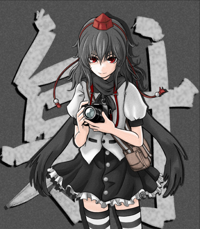 tori rui, shameimaru aya, touhou, 1girl, black hair, female focus, grey background, red eyes, solo, standing, striped clothes, striped thighhighs, thighhighs