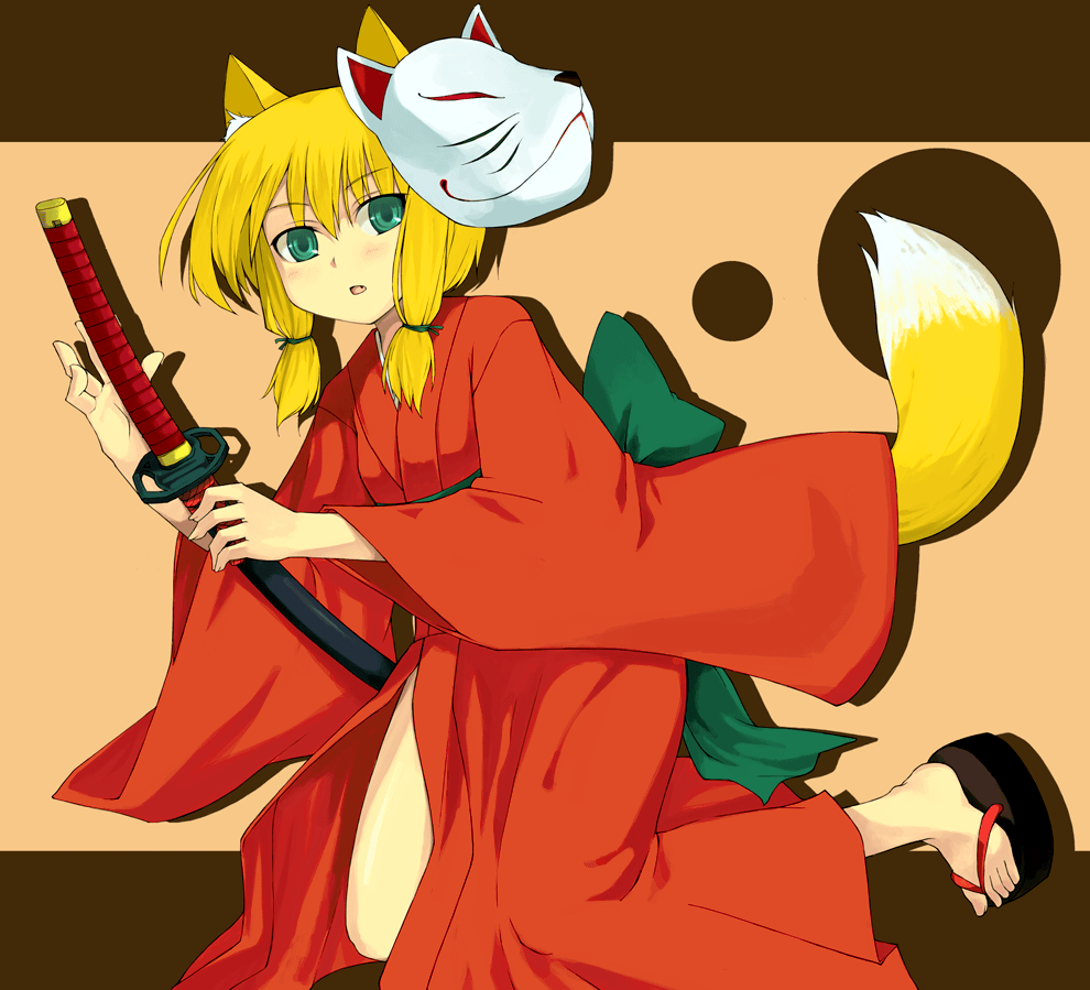 ikura hato, animal ears, blonde hair, feet, fox ears, fox mask, fox tail, green eyes, japanese clothes, katana, mask, sandals, solo, sword, tail, twintails, weapon