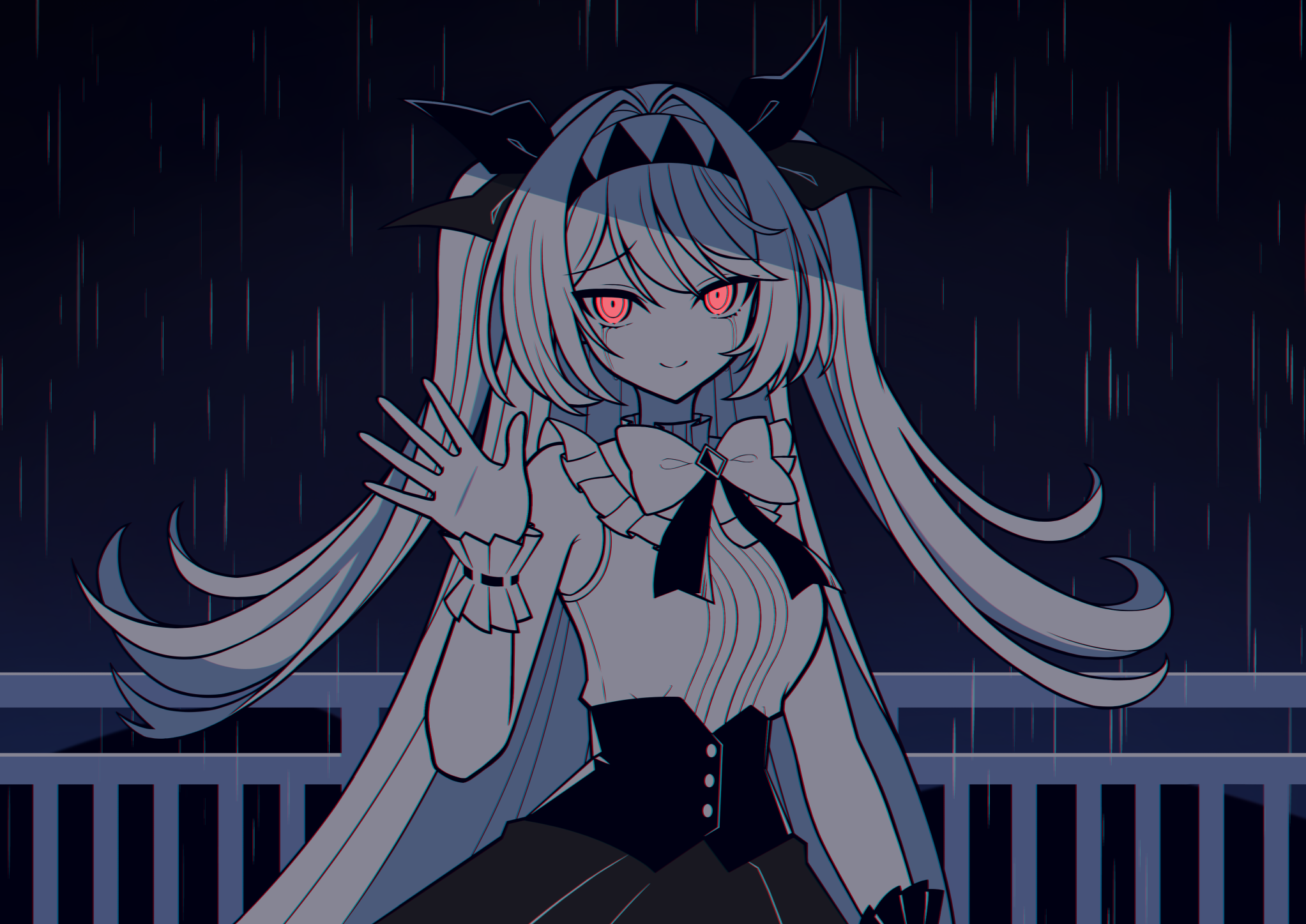 the noexistencen of you and me, commentary, highres, 1girl, bare shoulders, black bow, bow, bowtie, closed mouth, crying, dogari, hair bow, lilith (the noexistencen of you and me), long hair, looking at viewer, night, rain, red eyes, sleeveless, solo, two side up, very long hair, white bow, white bowtie, white hair, wrist cuffs