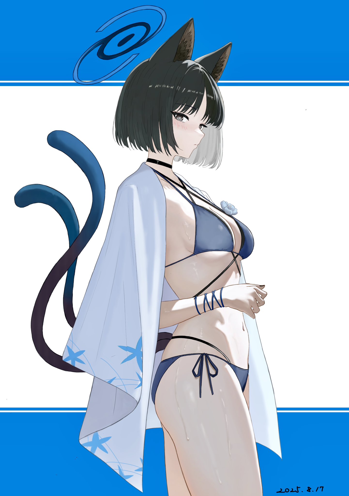 kikyou (blue archive), kikyou (swimsuit) (blue archive), blue archive, highres, 1girl, animal ear fluff, animal ears, bikini, black hair, blue bikini, blue halo, blue haori, blush, breasts, cat ears, cat girl, cat tail, closed mouth, from side, grey eyes, halo, haori, japanese clothes, multiple tails, navel, official alternate costume, oto jampan, solo, stomach, swimsuit, tail, two tails, wet