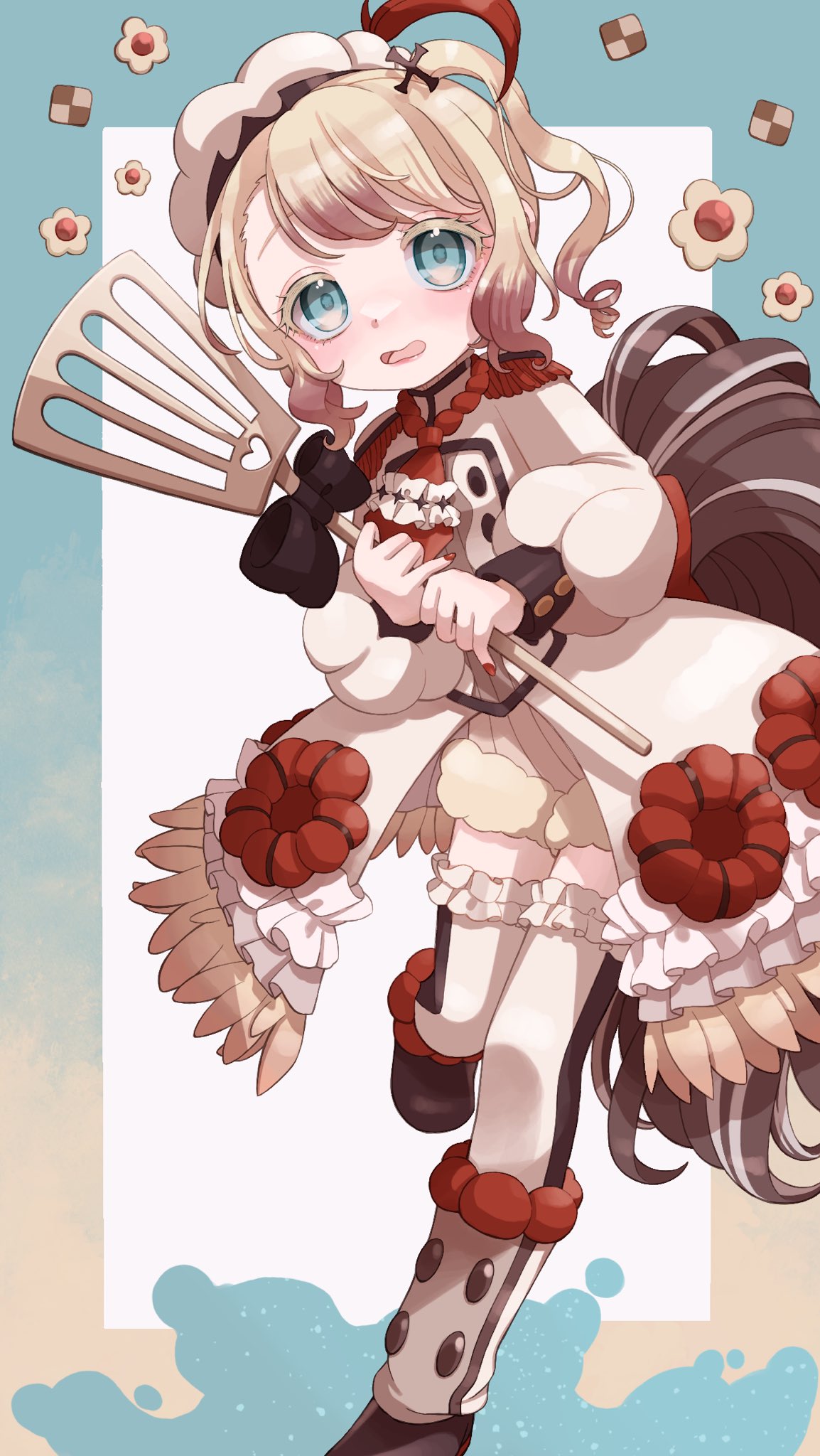 qoo 1025, pechika (mahoiku), mahou shoujo ikusei keikaku, mahou shoujo ikusei keikaku restart, highres, 1girl, black bow, black bowtie, blonde hair, blue eyes, blush, boots, bow, bowtie, dress, flower ornament, frilled dress, frilled thighhighs, frills, hat, magical girl, short hair, thighhighs, white thighhighs