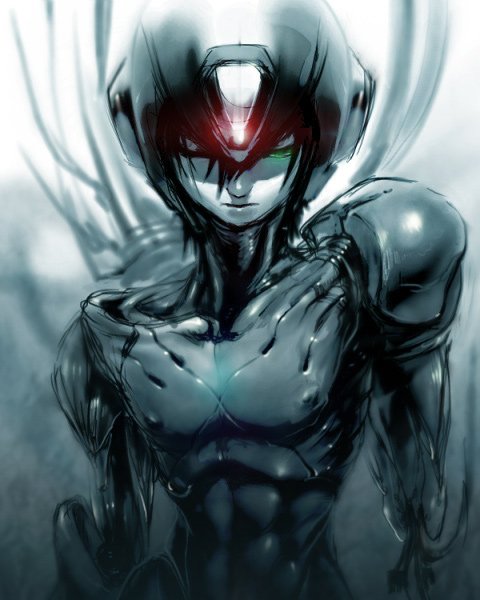mri, x (mega man), capcom, mega man (series), mega man x (series), bad id, bad pixiv id, 1boy, android, bodysuit, cable, green eyes, helmet, looking at viewer, male focus, muscular, robot, skin tight, solo, upper body, wire