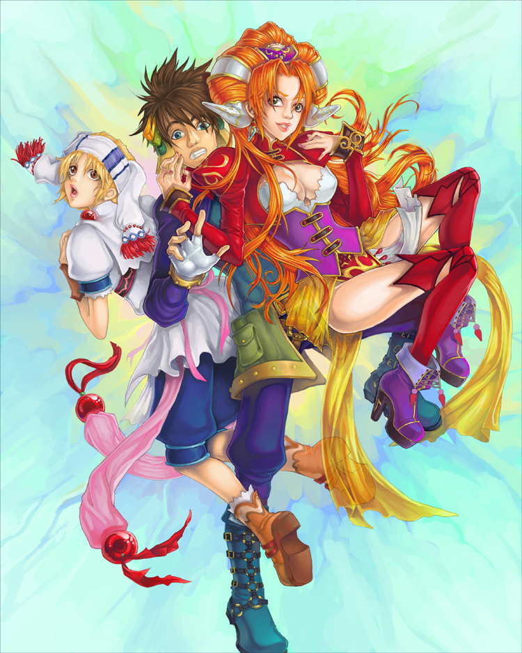 rpgamer, elena (grandia), millenia (grandia), ryudo (grandia), game arts, grandia, grandia ii, blue footwear, 1boy, 2girls, blonde hair, boots, breasts, brown eyes, cleavage, corset, green eyes, jacket, knee boots, large breasts, long hair, multiple girls, red hair, thighhighs