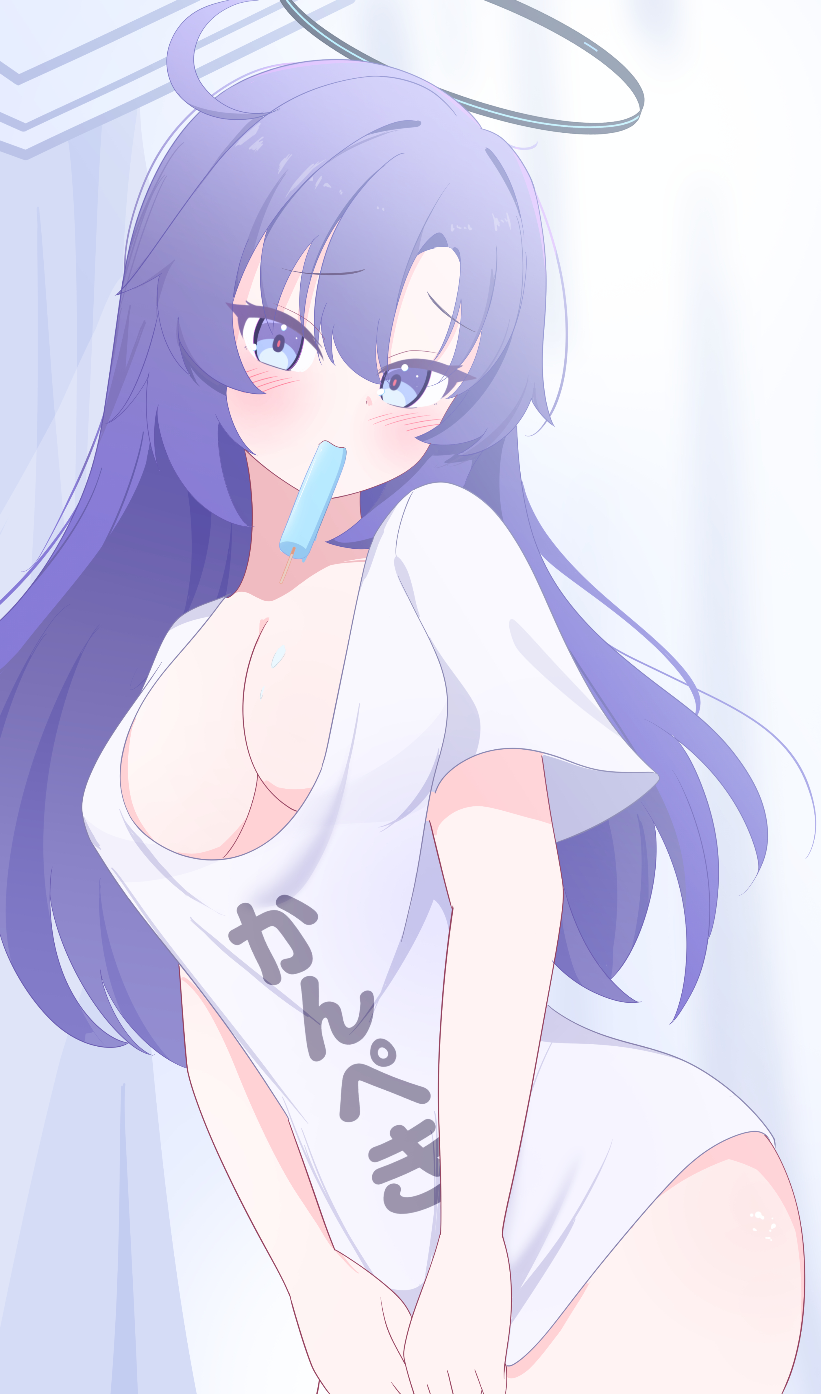 fortysansan, yuuka (blue archive), blue archive, absurdres, highres, 1girl, blue eyes, blush, breasts, cleavage, food, food in mouth, hair between eyes, large breasts, long hair, looking at viewer, no bra, oversized clothes, oversized shirt, popsicle, popsicle in mouth, purple eyes, purple hair, shirt, short sleeves, solo, white shirt