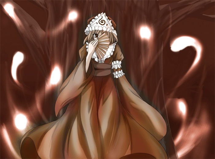 saigyouji yuyuko, touhou, 1girl, covering face, covering one eye, female focus, folding fan, hand fan, hitodama, monochrome, red theme, solo, standing, tree