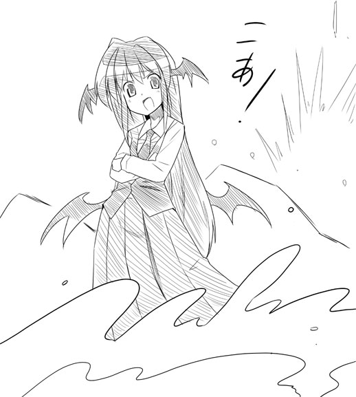 kiku hitomoji, tora tooru, toru tooru, koakuma, embodiment of scarlet devil, touhou, 1girl, crossed arms, female focus, greyscale, head wings, koa (phrase), monochrome, solo, wings