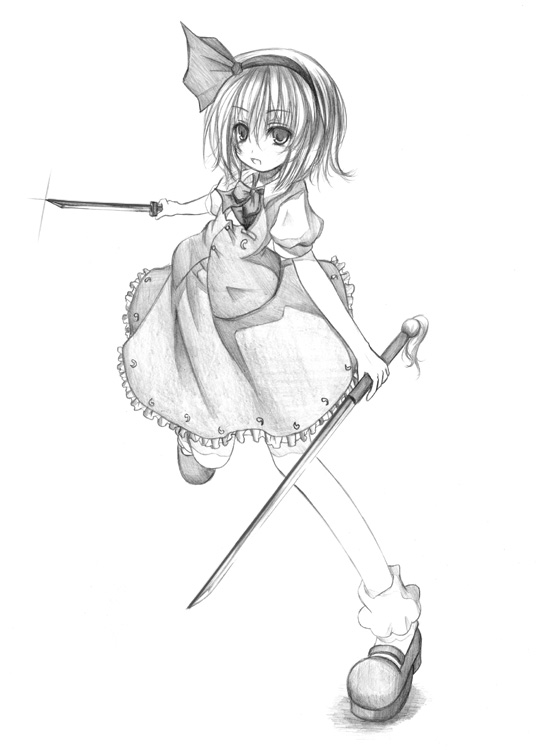 kurona, konpaku youmu, touhou, 1girl, female focus, full body, greyscale, katana, monochrome, skirt, solo, sword, weapon, white background