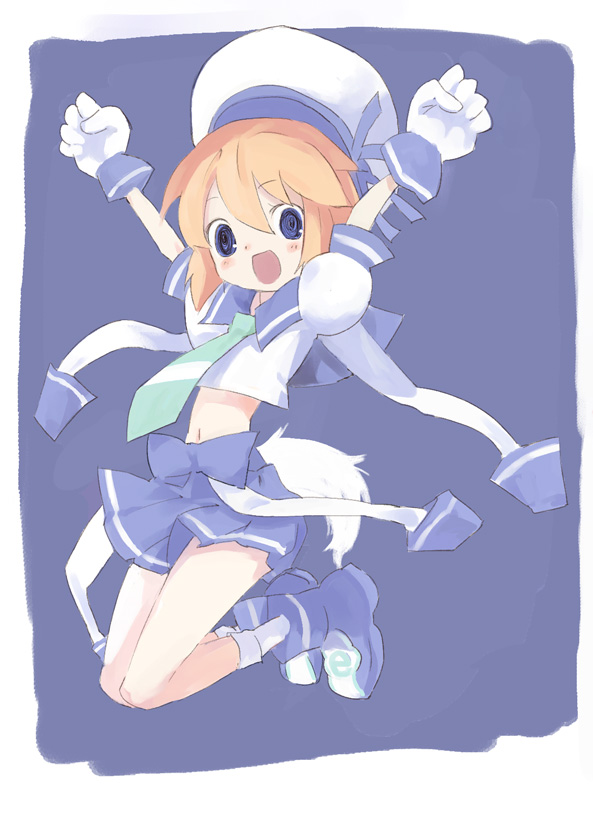 u (the unko), internet explorer, os-tan, 1girl, blue eyes, female focus, hat, midriff, orange hair, sailor, school uniform, serafuku, solo