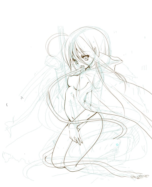 niwaka yuan, yun (artist), original, 1girl, female focus, greyscale, monochrome, nude, sketch, solo