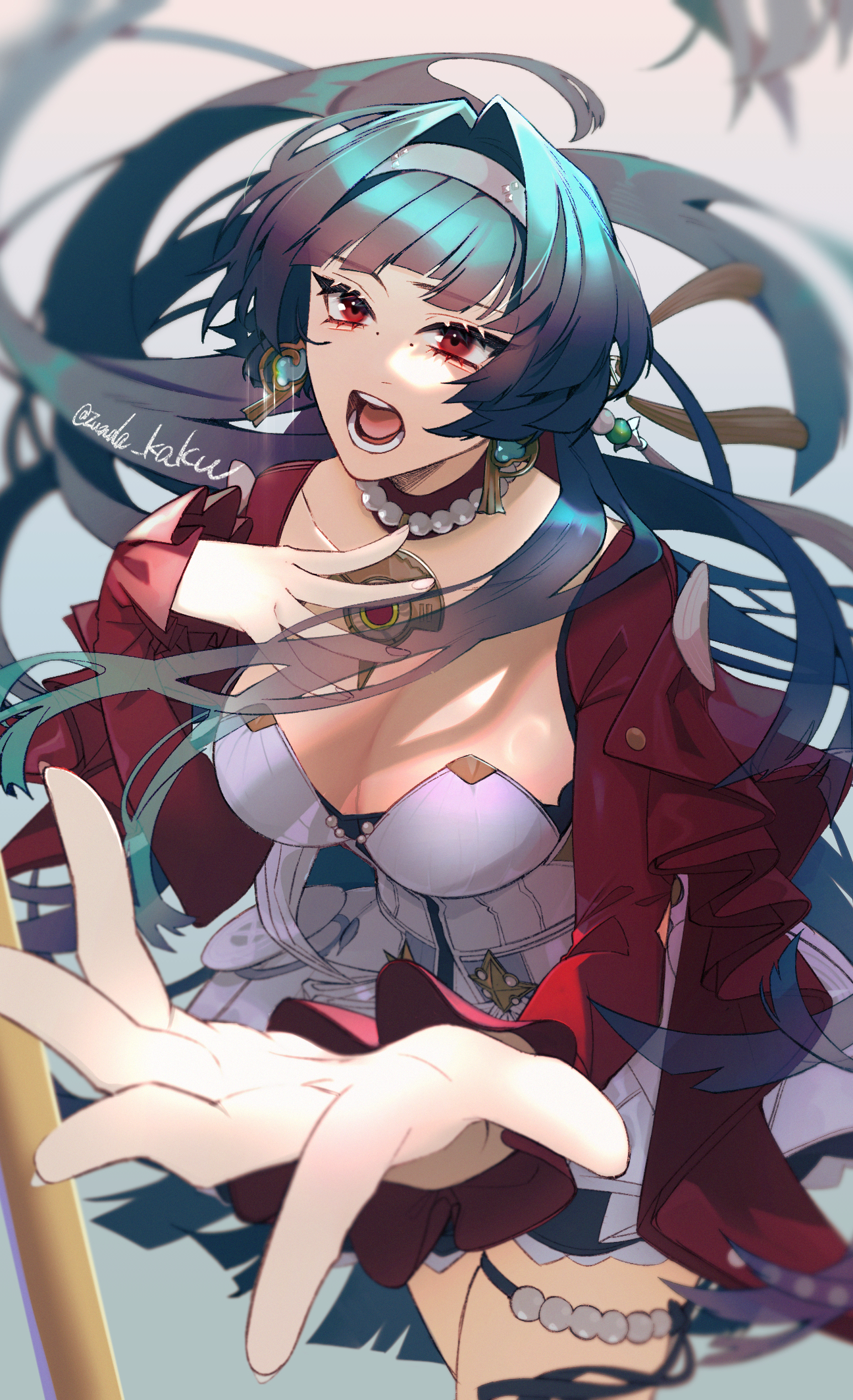 zunda kaku, astra yao, zenless zone zero, highres, 1girl, black hair, blunt sidelocks, breasts, cleavage, dress, earrings, hairband, jacket, jackets, jewelry, large breasts, long hair, looking at viewer, necklace, open mouth, pearl necklace, purple eyes, red eyes, red jacket, red shrug, sidelocks, solo, thigh beads, uneven bangs, white dress, white hairband