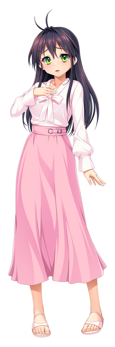 kamitsurugi ouka, aikawa haruno, kouyoku senki exs-tia concert, game cg, non-web source, official art, variant set, 1girl, antenna hair, arm at side, black hair, blush, bow, casual, collarbone, full body, green eyes, hair between eyes, hand on own chest, high-waist skirt, long hair, long skirt, long sleeves, looking at viewer, open mouth, pink skirt, sandals, shirt, skirt, solo, standing, tachi-e, toes, transparent background, white bow, white shirt