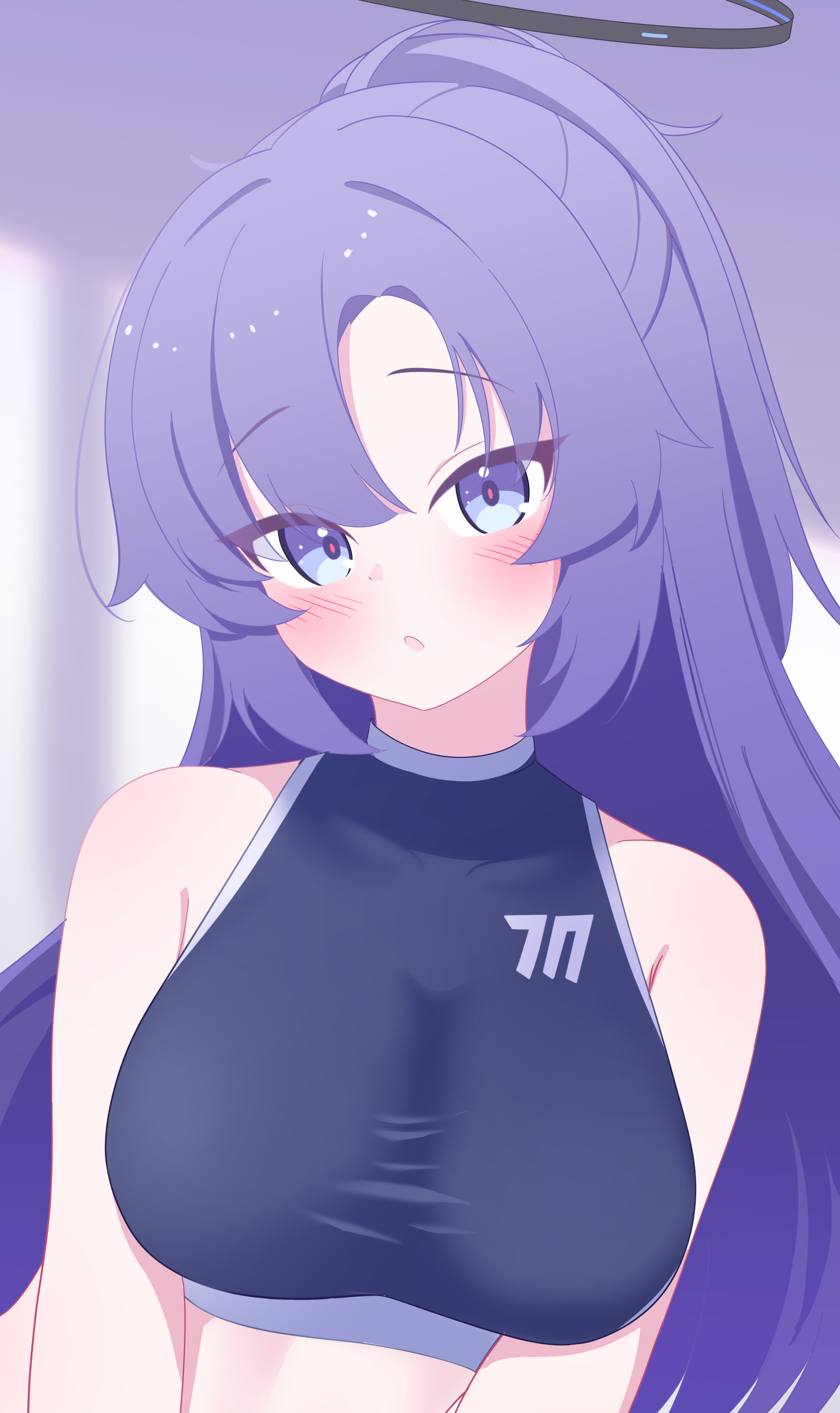 fortysansan, yuuka (blue archive), blue archive, absurdres, highres, 1girl, :o, bare shoulders, black shirt, blue eyes, blurry, blurry background, blush, breasts, depth of field, head tilt, long hair, looking at viewer, official alternate costume, parted bangs, ponytail, purple eyes, purple hair, shirt, solo, upper body