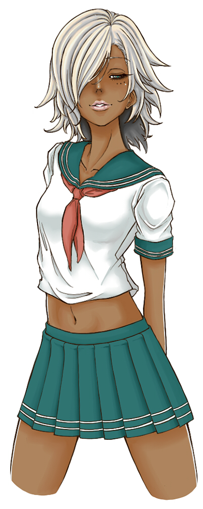aiso kai, original, 1girl, arms behind back, blue eyes, blush, breasts, cowboy shot, cropped legs, dark-skinned female, dark skin, eyelashes, female focus, ganguro, gyaru, hair over one eye, half-closed eyes, lipgloss, lips, midriff, navel, necktie, pleated skirt, school uniform, serafuku, short hair, simple background, skirt, small breasts, solo, white hair