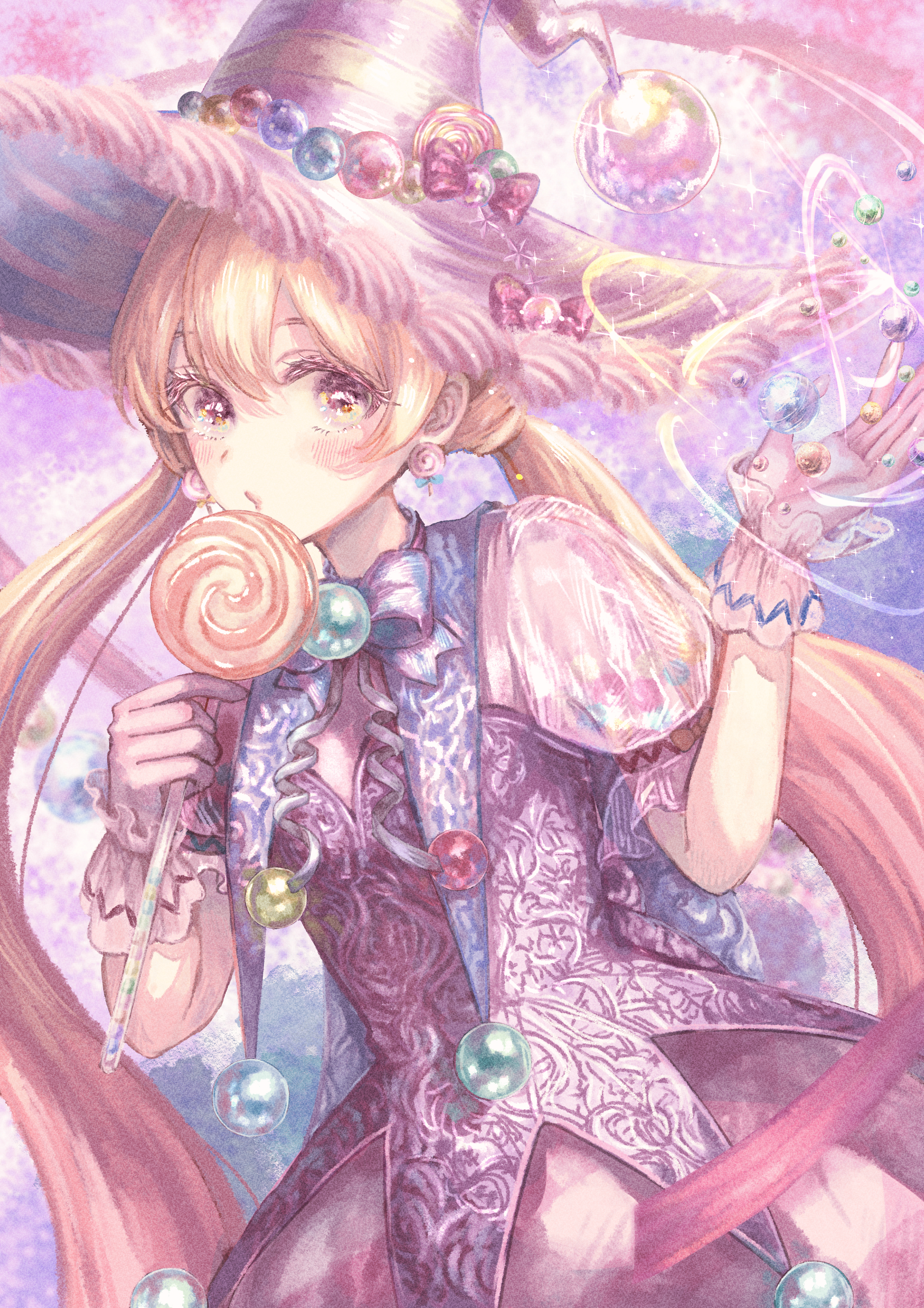 hinori (hinorinr), nikki (series), shining nikki, absurdres, highres, 1girl, :o, blonde hair, bow, bowtie, brown eyes, bubble skirt, candy, cowboy shot, dot nose, dress, eyelashes, floral print, food, food-themed clothes, gloves, gradient background, gradient hair, hair between eyes, hand up, hat, hat bow, holding, holding candy, holding food, holding lollipop, leah the candy witch (shining nikki), light particles, lollipop, long hair, low twintails, magic, multicolored hair, open mouth, pink background, pink bow, pink dress, pink gloves, pink hair, pink hat, pink vest, pink wrist cuffs, puffy short sleeves, puffy sleeves, purple background, purple bow, purple bowtie, short sleeves, skirt, solo, standing, striped clothes, striped headwear, swirl lollipop, tareme, twintails, two-tone background, two-tone hair, very long hair, vest, witch, witch hat, wrist cuffs