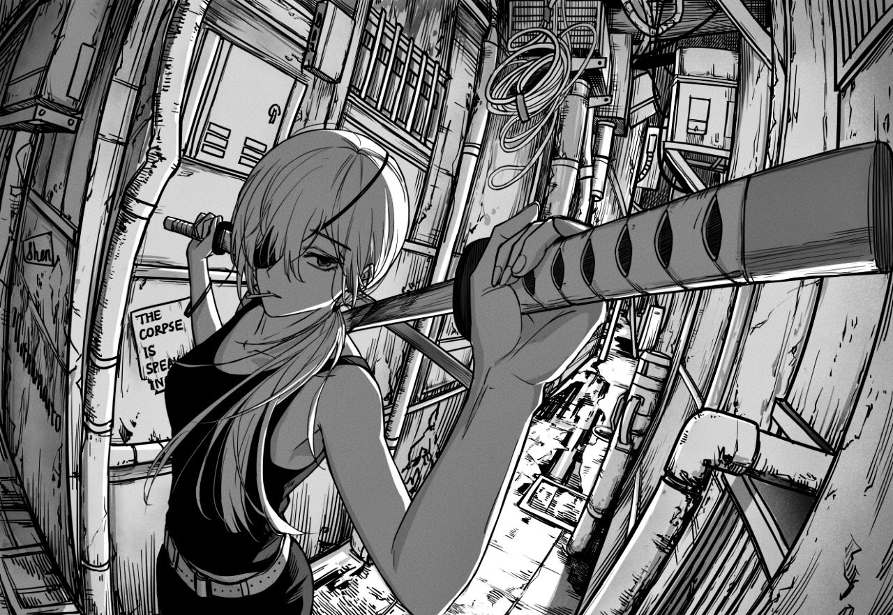 quanxi (chainsaw man), chainsaw man, commentary request, 1girl, belt, black tank top, breasts, cigarette, english text, eyepatch, greyscale, holding, holding sword, holding weapon, long hair, mithamaito, monochrome, pants, ponytail, solo, sword, tank top, weapon