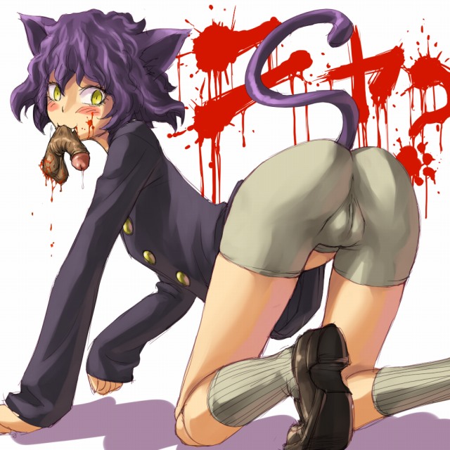 mosha, neferpitou, hunter x hunter, 1girl, all fours, androgynous, animal ears, ass, bent over, biting, biting penis, blood, blush, cameltoe, castration, cockbite, ero guro, fang, guro, mouth hold, nullification, penis, severed penis, severed testicles, solo, tail, testicles, uncensored