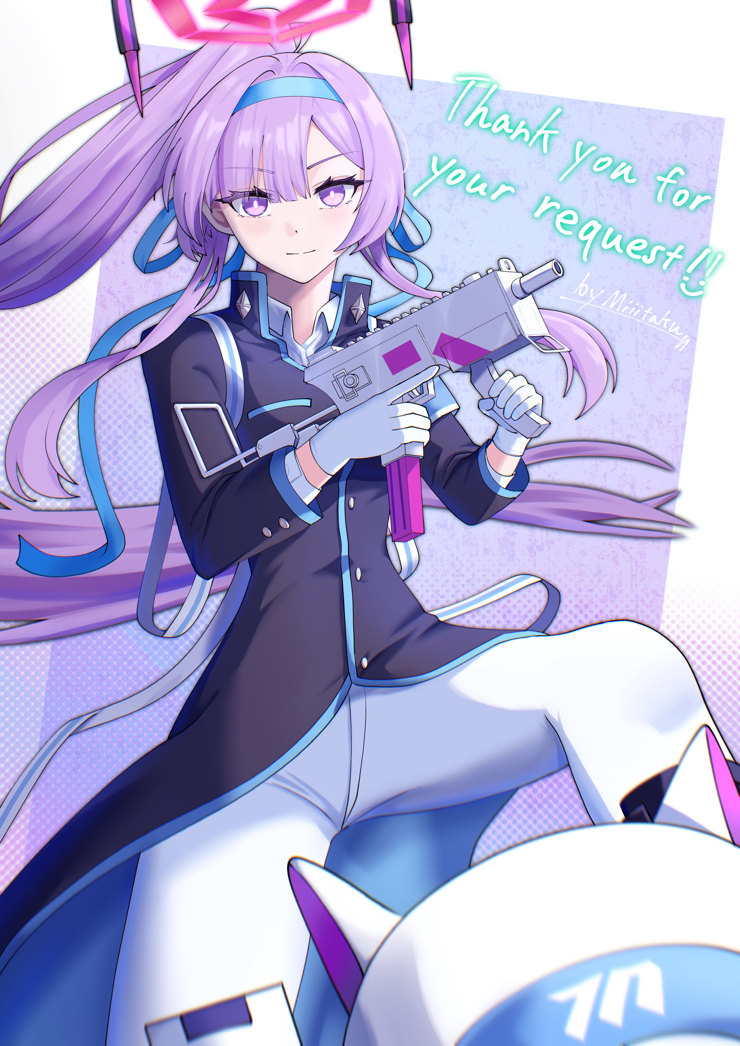 utaha (blue archive), utaha (cheer squad) (blue archive), blue archive, absurdres, alt text, commentary request, commission, highres, skeb commission, 1girl, absurdly long hair, artist name, black coat, blue hairband, blue ribbon, closed mouth, coat, collared shirt, cowboy shot, english text, floating headgear, gun, hair ribbon, hairband, halo, headgear, high ponytail, knee up, long hair, looking at viewer, m1i i109, mac-10/11, official alternate costume, pants, pink halo, ponytail, purple eyes, purple hair, ribbon, shirt, smile, solo, submachine gun, thundergun (blue archive), two-sided coat, two-sided fabric, v-shaped eyebrows, very long hair, weapon, white pants, white shirt