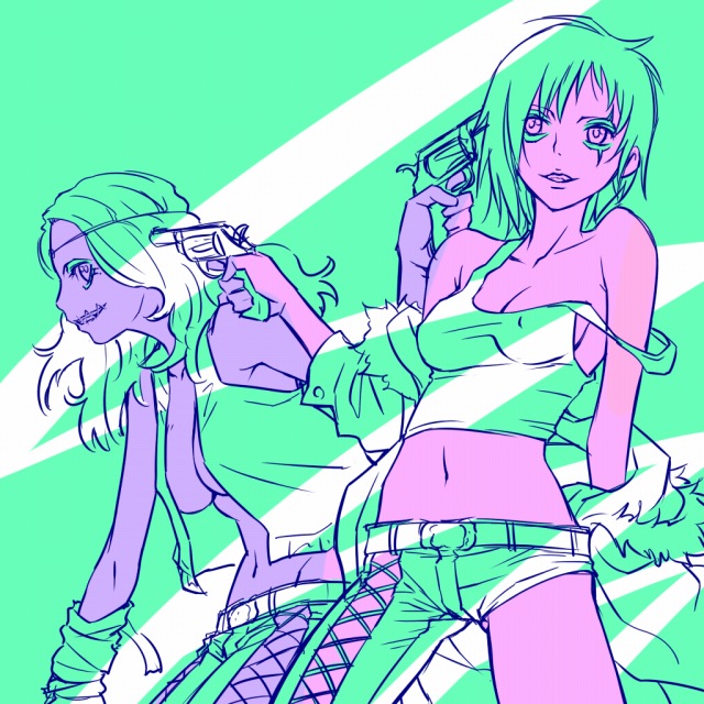mosha, devit, jasdero, d.gray-man, source request, 00s, 2girls, breasts, camisole, facepaint, genderswap, genderswap (mtf), gun, handgun, midriff, multiple girls, nipples, revolver, scar, stitches, weapon