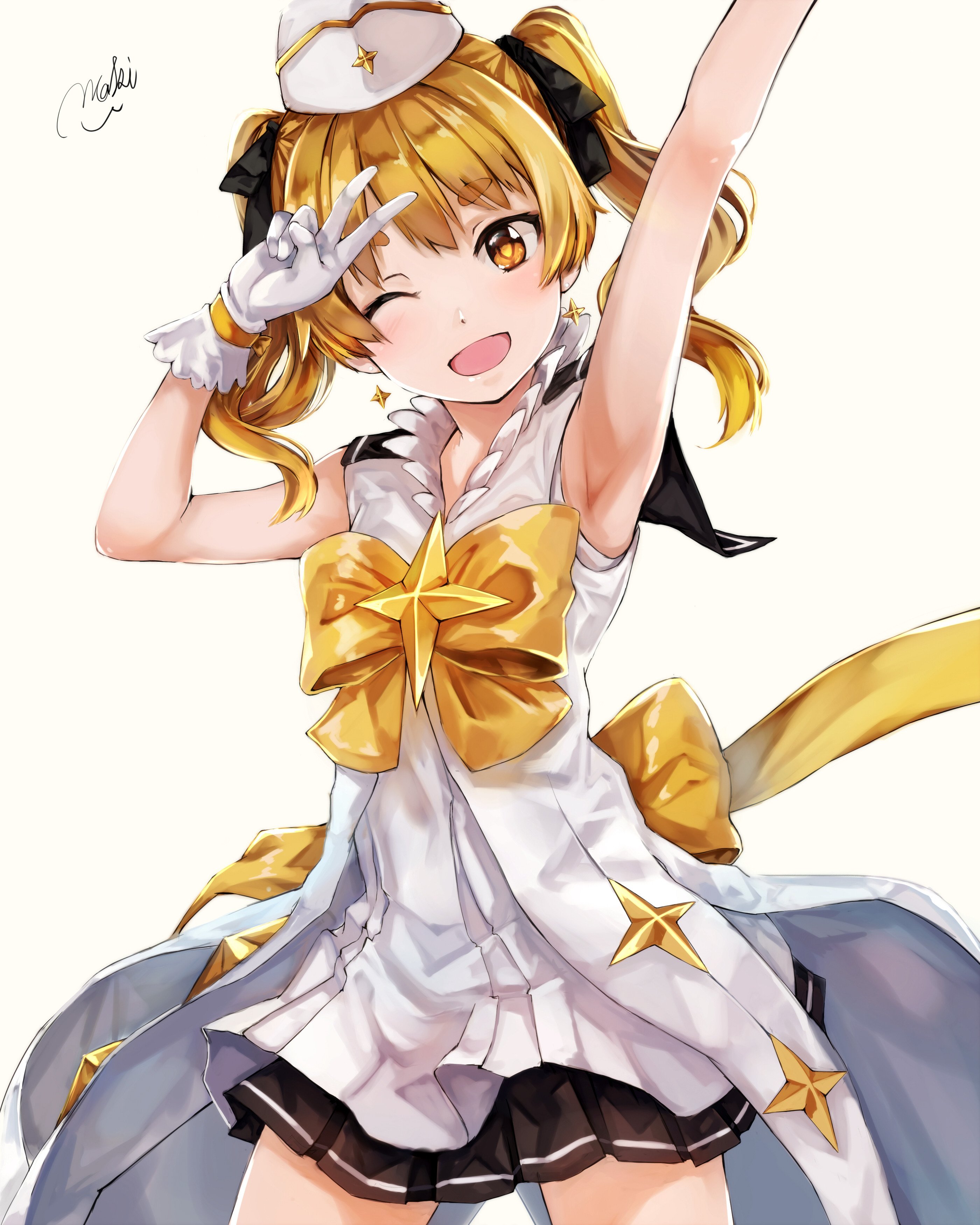 maki (maki pei), hikaru (houkago no pleiades), houkago no pleiades, absurdres, commentary request, highres, 1girl, :d, arm up, armpits, back bow, black bow, black skirt, blonde hair, bow, cape, cowboy shot, double-parted bangs, dress, earrings, facing viewer, frilled shirt collar, frills, gloves, hair bow, hand up, hat, jewelry, layered dress, legs apart, light blush, looking at viewer, magical girl, one eye closed, open mouth, pleated skirt, short hair, signature, simple background, skirt, sleeveless, sleeveless dress, smile, solo, star (symbol), star earrings, twintails, v, v over head, white background, white cape, white dress, white gloves, white hat, yellow bow, yellow eyes