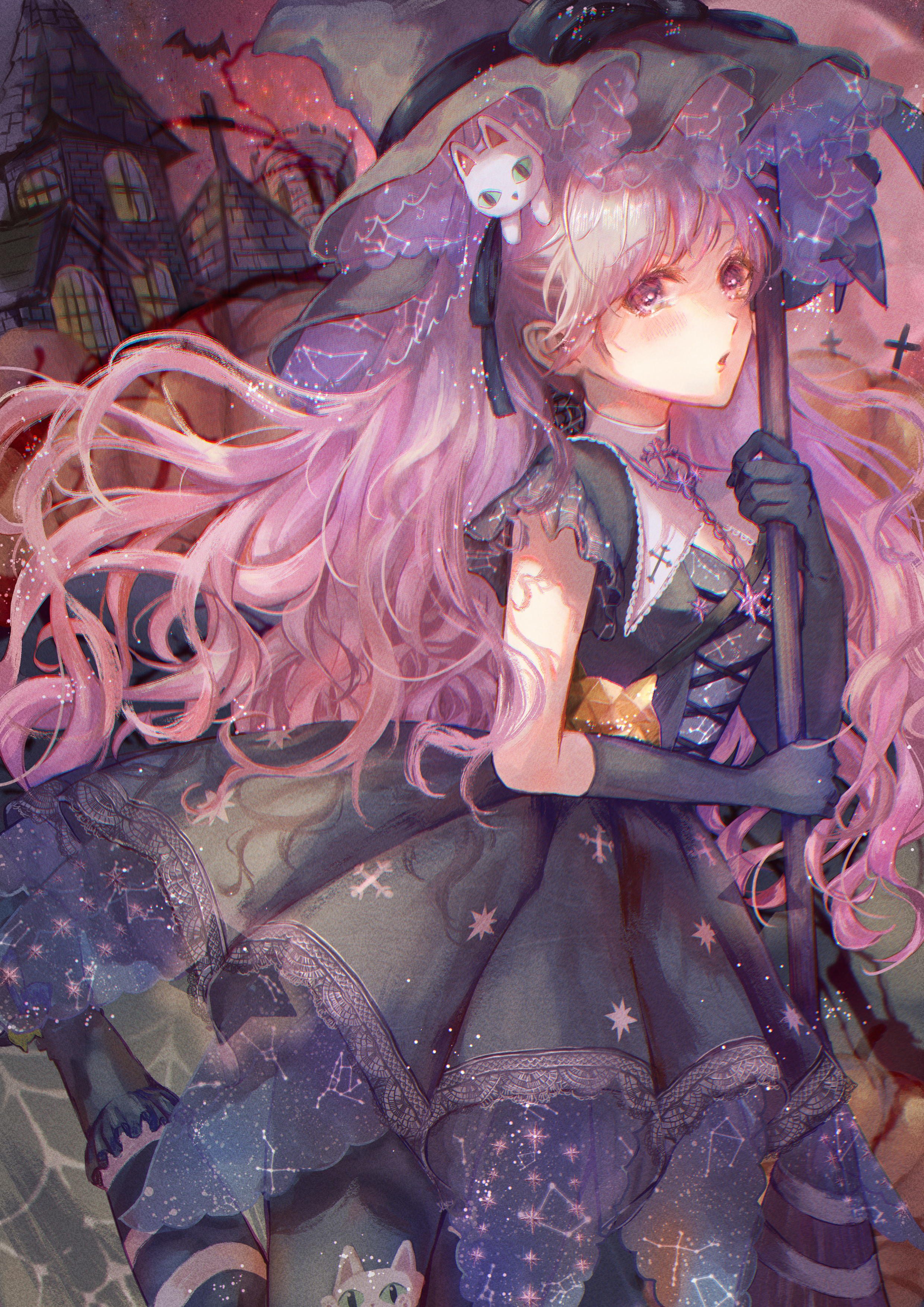 hinori (hinorinr), midnight witch (shining nikki), nikki (series), shining nikki, absurdres, highres, 1girl, :o, animal print, bat (animal), black boots, black dress, black gloves, black hat, black pantyhose, black ribbon, boots, bright pupils, broom, castle, cat hair ornament, cat print, cloud, cloudy sky, collar, constellation print, cowboy shot, cross, cross-laced clothes, cross-laced dress, cross print, dress, eyelashes, frilled dress, frilled footwear, frilled headwear, frilled sleeves, frills, gloves, gradient hair, hair ornament, hair ribbon, halloween, hat, holding, holding broom, lace, lace-trimmed collar, lace-trimmed dress, lace trim, light blush, long hair, looking at viewer, multicolored hair, official alternate color, open mouth, outdoors, pantyhose, pink hair, pleated dress, pointy nose, pumpkin witch (shining nikki), purple collar, purple eyes, purple hair, red sky, ribbon, short dress, short sleeves, sky, solo, standing, star (symbol), star print, striped clothes, striped pantyhose, tombstone, turtleneck, two-tone pantyhose, very long hair, wavy hair, white pantyhose, white pupils, witch hat