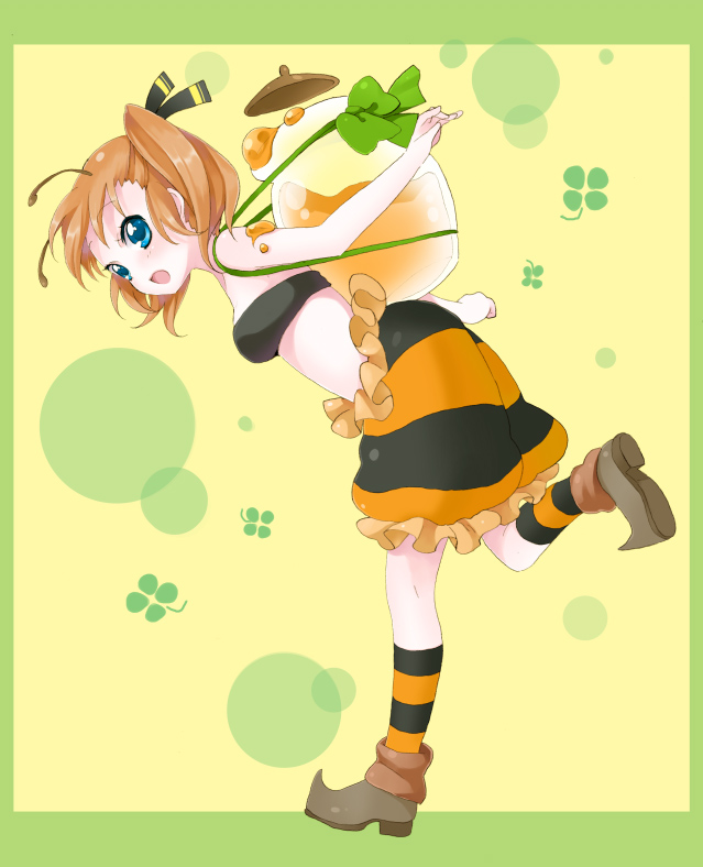 namori, original, 1girl, :o, arthropod girl, bag, bandeau, bare shoulders, bee, bee girl, blue eyes, brown hair, bug, female focus, from behind, full body, handbag, honey, insect, insect girl, kneehighs, loafers, monster girl, open mouth, running, shoes, short hair, socks, solo, striped clothes, striped socks