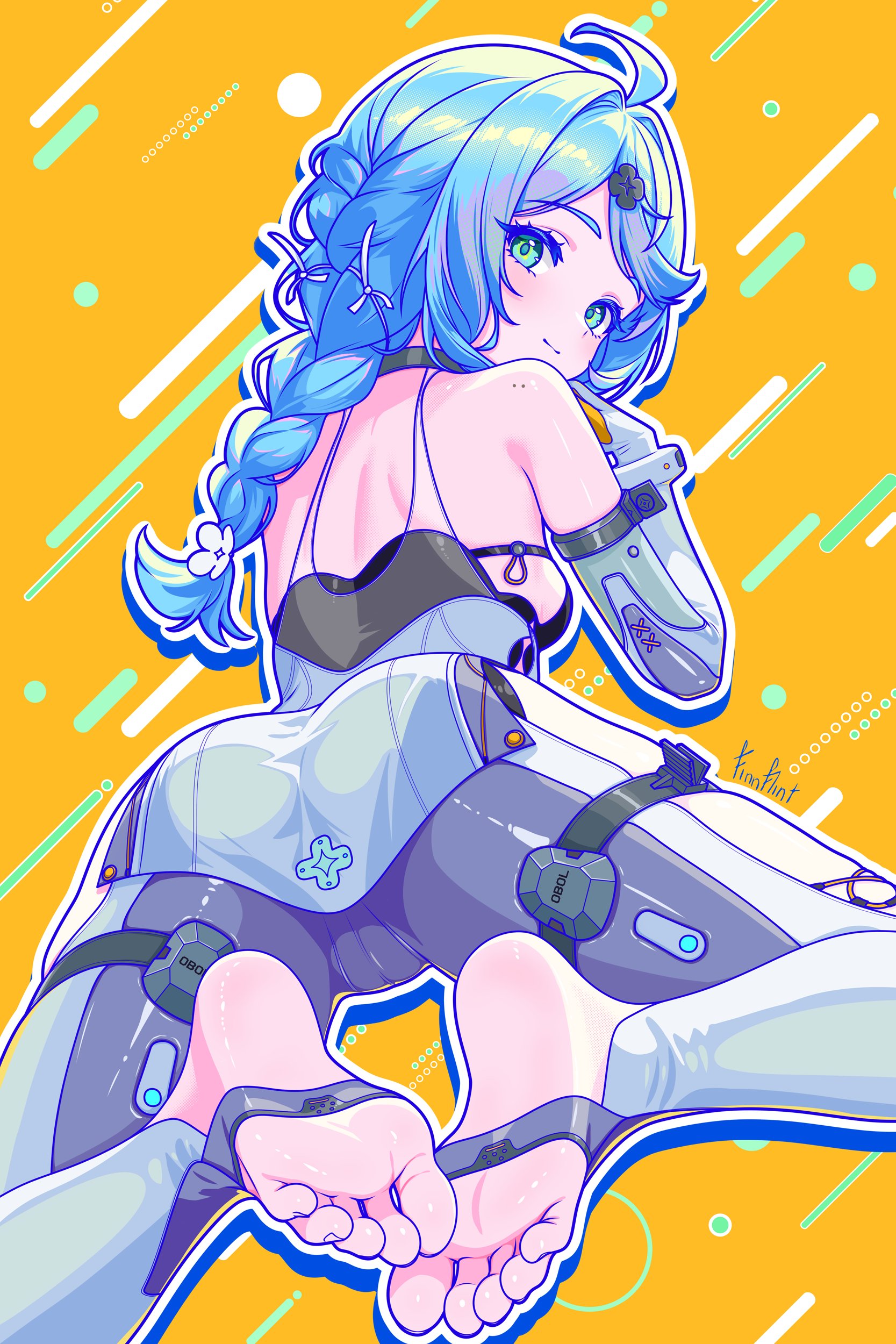 finn flint, seed (zenless zone zero), zenless zone zero, toeless socks, absurdres, highres, 1girl, ass, bare shoulders, barefoot, blue eyes, blue hair, cameltoe, clothing cutout, detached sleeves, feet, flower ornament, foot blush, formal clothes, gloves, hair ornament, hairpin, latex pants, looking at viewer, mole, mole on shoulder, see-through dress layer, side cutout, smile, solo, stirrup legwear, suit, thigh cutout, thigh strap, toeless legwear, toes, twitter username, white gloves, white suit, yellow background
