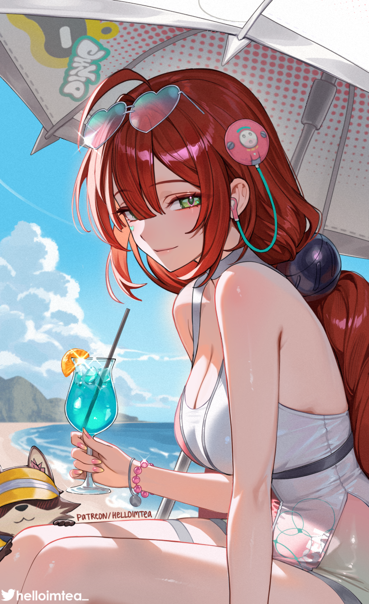 helloimtea, ukinami yuzuha, ukinami yuzuha (tanuki in broad daylight), zenless zone zero, commentary request, highres, paid reward available, 1girl, ahoge, artist name, bare shoulders, blue sky, bracelet, breasts, cleavage, closed mouth, cloud, cup, day, drinking glass, drinking straw, eyewear on head, fingernails, food, from side, fruit, glint, gradient nails, green eyes, hair ornament, hearing aid, heart, heart-shaped eyewear, heart sticker, holding, holding cup, jewelry, juice, large breasts, looking at viewer, nail polish, ocean, official alternate costume, one-piece swimsuit, orange (fruit), orange slice, outdoors, patreon username, pink nails, red hair, shore, sidelocks, sitting, sky, smile, solo, sphere hair ornament, sticker, sticker on face, sunglasses, swimsuit, tanuki, thighs, twitter username, umbrella, white one-piece swimsuit, white umbrella, yellow nails