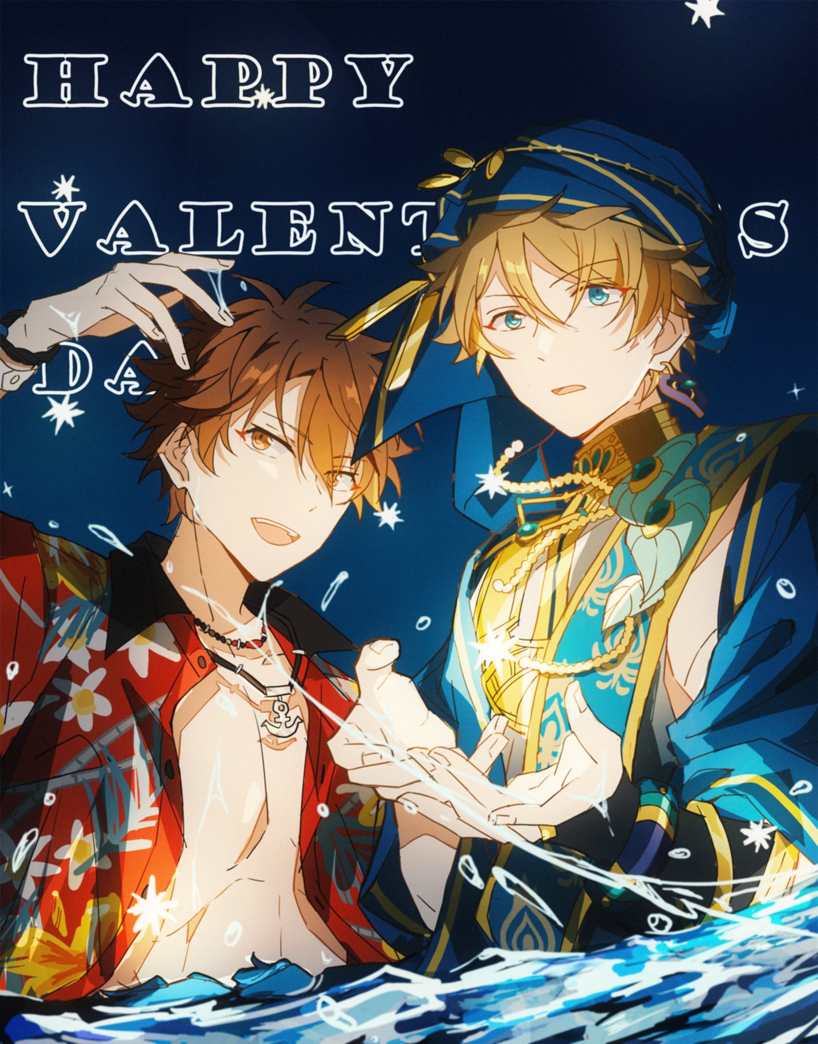 llmtmllmt, morisawa chiaki, takamine midori, ensemble stars!, commentary, highres, 2boys, anchor necklace, bracelet, brown eyes, earrings, fingernails, floral print, green eyes, happy valentine, jewelry, male focus, multiple boys, necklace, official alternate costume, one eye closed, open clothes, open mouth, orient (ensemble stars!), red hot island (ensemble stars!), short hair, upper body, water, water drop