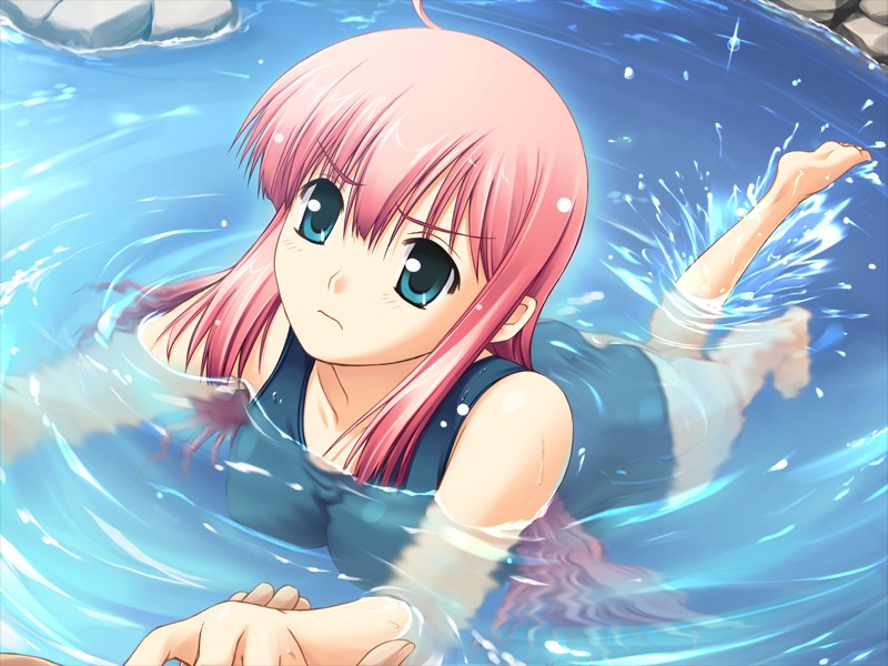 kuonji yume, kimi ga aruji de shitsuji ga ore de, game cg, 00s, 1girl, ass, barefoot, black one-piece swimsuit, blue eyes, feet, female focus, one-piece swimsuit, pink hair, school swimsuit, soles, solo, swimming, swimsuit