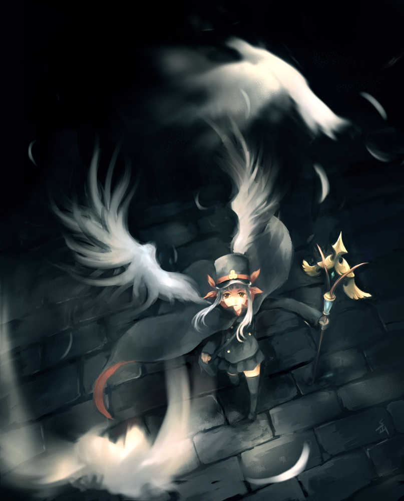 archlich, fumika, kanaka, shigofumi, silver hair, bad id, bad pixiv id, 00s, cape, feathers, hat, looking up, shako cap, skirt, solo, staff, thighhighs, wings