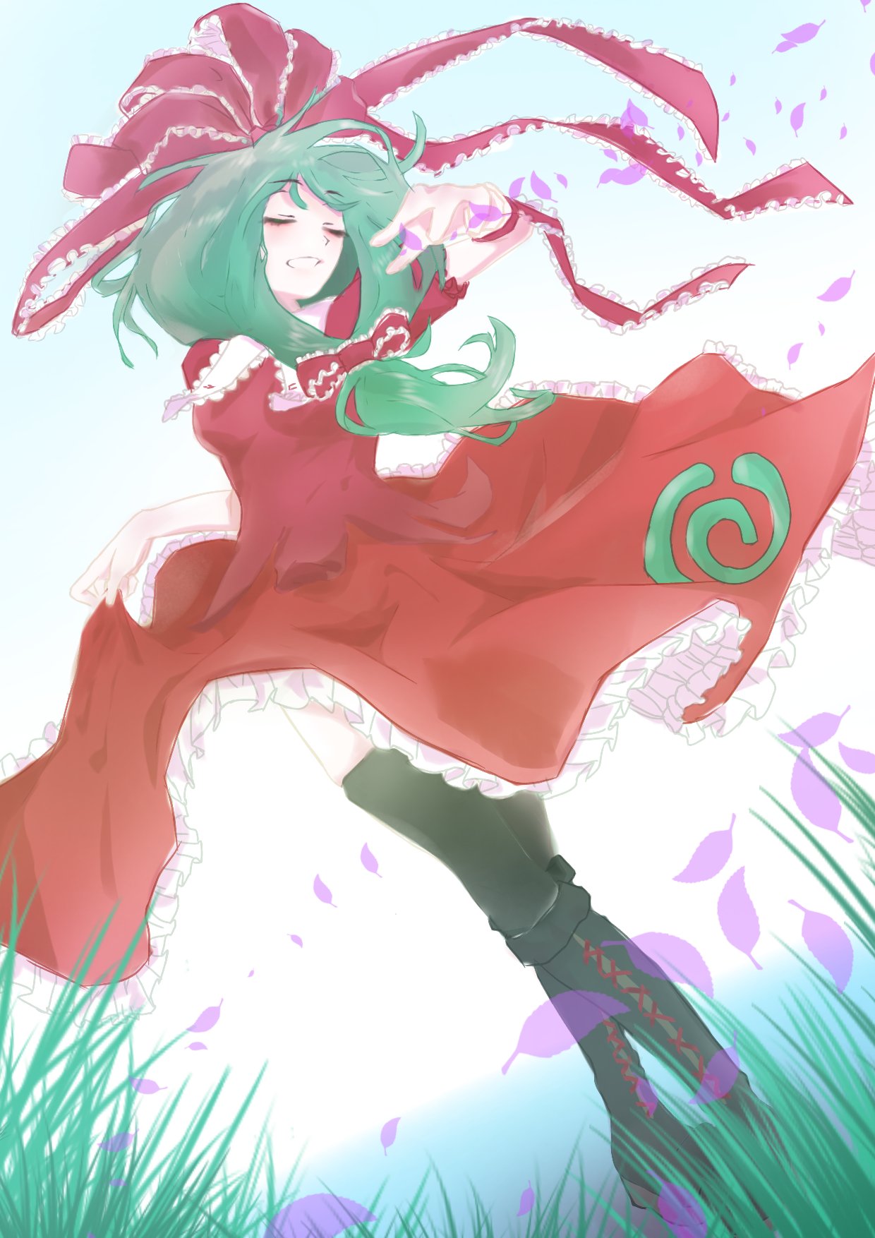 kagiyama hina, touhou, highres, 1girl, black boots, black thighhighs, boots, bow, closed eyes, dress, dutch angle, frilled dress, frills, front ponytail, green hair, hair bow, hair ribbon, kobe 495, red bow, red dress, red ribbon, ribbon, smile, solo, teeth, thighhighs