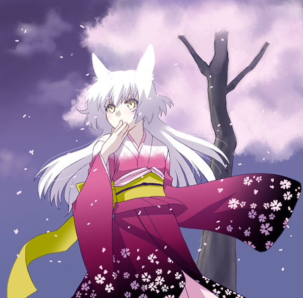 mattaku mousuke, original, animal ears, fox ears, japanese clothes, kimono, white hair, yellow eyes