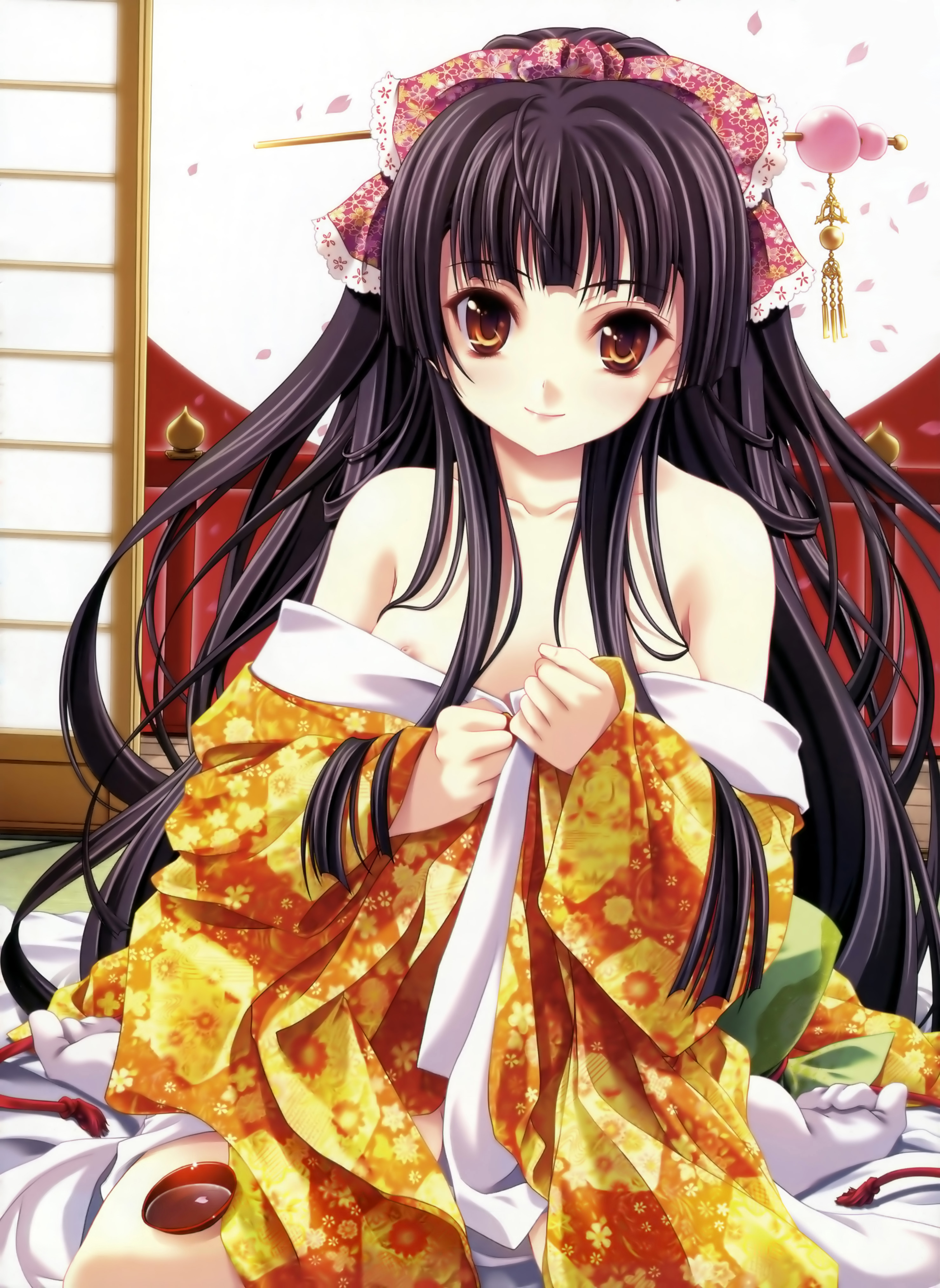 miyama-zero, absurdres, highres, non-web source, 1girl, alcohol, black hair, breasts, brown eyes, female focus, hair ornament, japanese clothes, kimono, long hair, nipple slip, nipples, sake, small breasts, solo, undressing, yukata