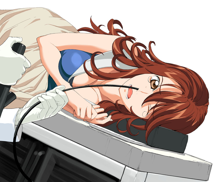 a1 (initial-g), sumeragi lee noriega, gundam, gundam 00, 00s, 1girl, ;o, bare shoulders, breasts, brown eyes, brown hair, cleavage, collarbone, female focus, large breasts, looking at viewer, one eye closed, open mouth, simple background, solo, tears, upper body, waking up, white background