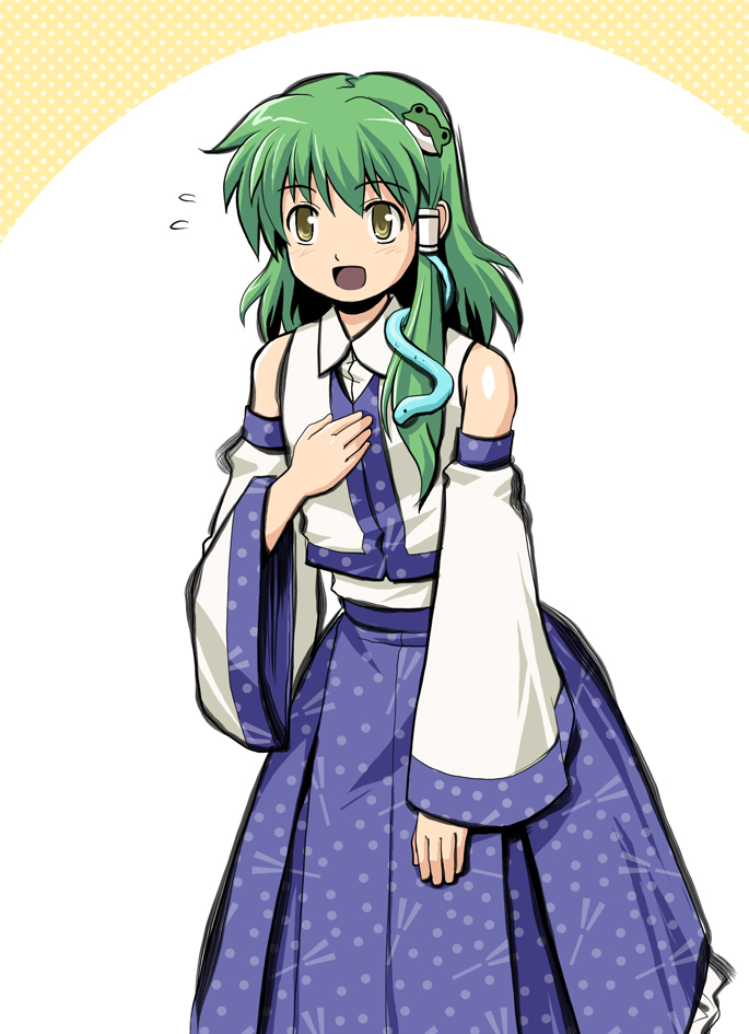 haniwa, haniwa (leaf garden), kochiya sanae, touhou, 1girl, :o, ^^^, blue skirt, blush, detached sleeves, female focus, frog hair ornament, green eyes, green hair, hair ornament, hand on own chest, long hair, long sleeves, looking at viewer, matching hair/eyes, nontraditional miko, open mouth, skirt, solo, standing, surprised, vest