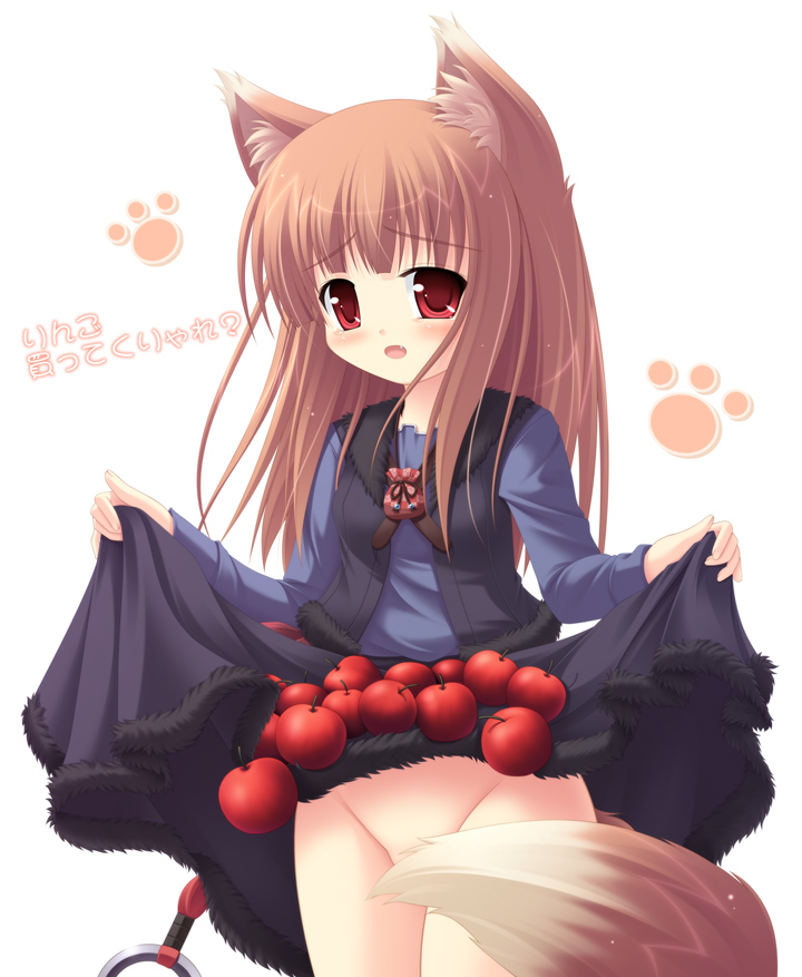 yokuran, holo, spice and wolf, 00s, animal ears, apple, brown hair, clothes lift, dress, fang, food, fruit, long hair, no panties, red eyes, skirt, skirt basket, skirt lift, solo, tail, wolf ears, wolf tail