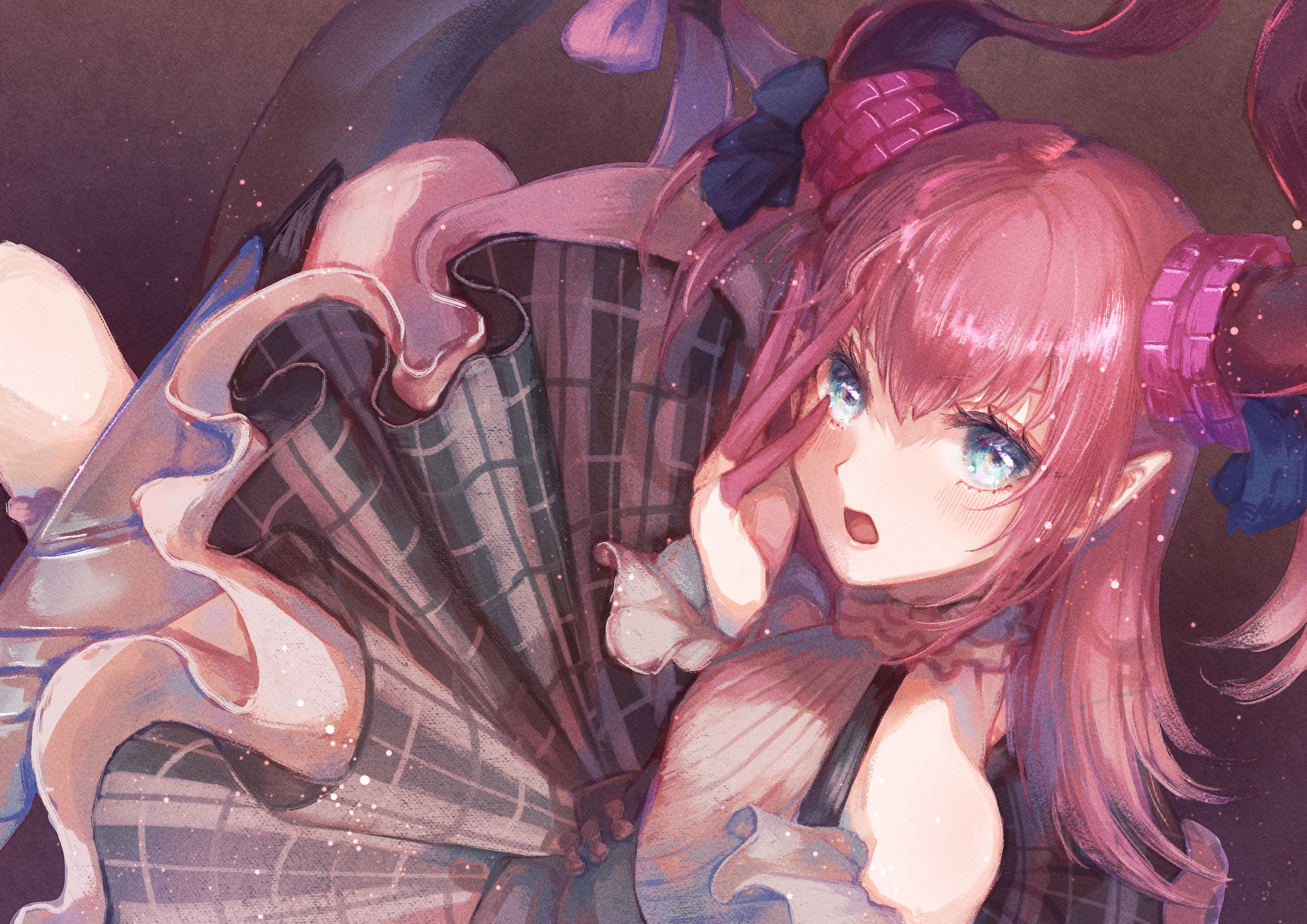 hinori (hinorinr), elizabeth bathory (fate), elizabeth bathory (second ascension) (fate), fate/grand order, fate (series), absurdres, highres, 1girl, bare shoulders, black background, black corset, black skirt, black tail, blue bow, blue eyes, bow, bow button, circle skirt, collared shirt, colored extremities, corset, cowboy shot, demon girl, demon horns, detached sleeves, eyelashes, floating clothes, floating hair, frilled shirt, frilled skirt, frilled sleeves, frilled thigh strap, frills, grey sleeves, hair bow, halter shirt, halterneck, hand on own cheek, hand on own face, horns, light blush, light particles, lips, long fingers, long hair, long sleeves, miniskirt, open mouth, pink bow, pink hair, pink horns, plaid clothes, plaid skirt, pleated skirt, pointy ears, pointy nose, purple bow, shirt, skirt, sleeveless, sleeveless shirt, solo, tail, tail bow, tail ornament, thigh strap, two side up, very long hair, white shirt