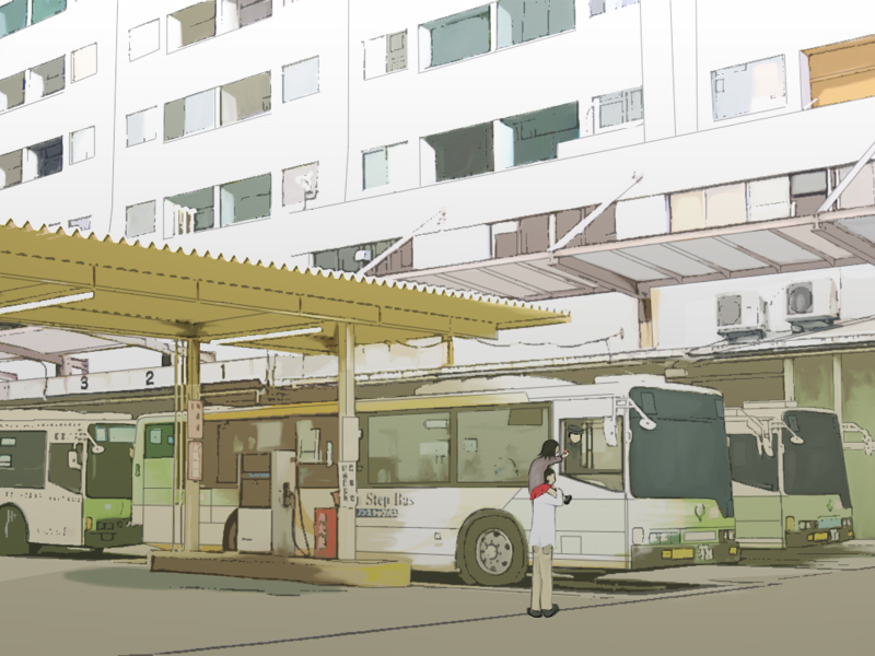yatto, original, vehicle, tagme, 1boy, 1girl, bus, motor vehicle